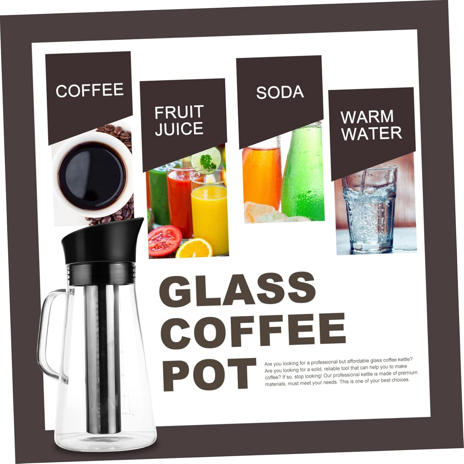 HOMOBABE Coffee Pot Espresso Maker Teapot Cold Brew Filter Jug Hand Drip Glass Kettle Strainer Large Capacity 1200Ml Multi-Functional Beverage Tea Pot High Borosilicate Stainless Steel for Loose Tea