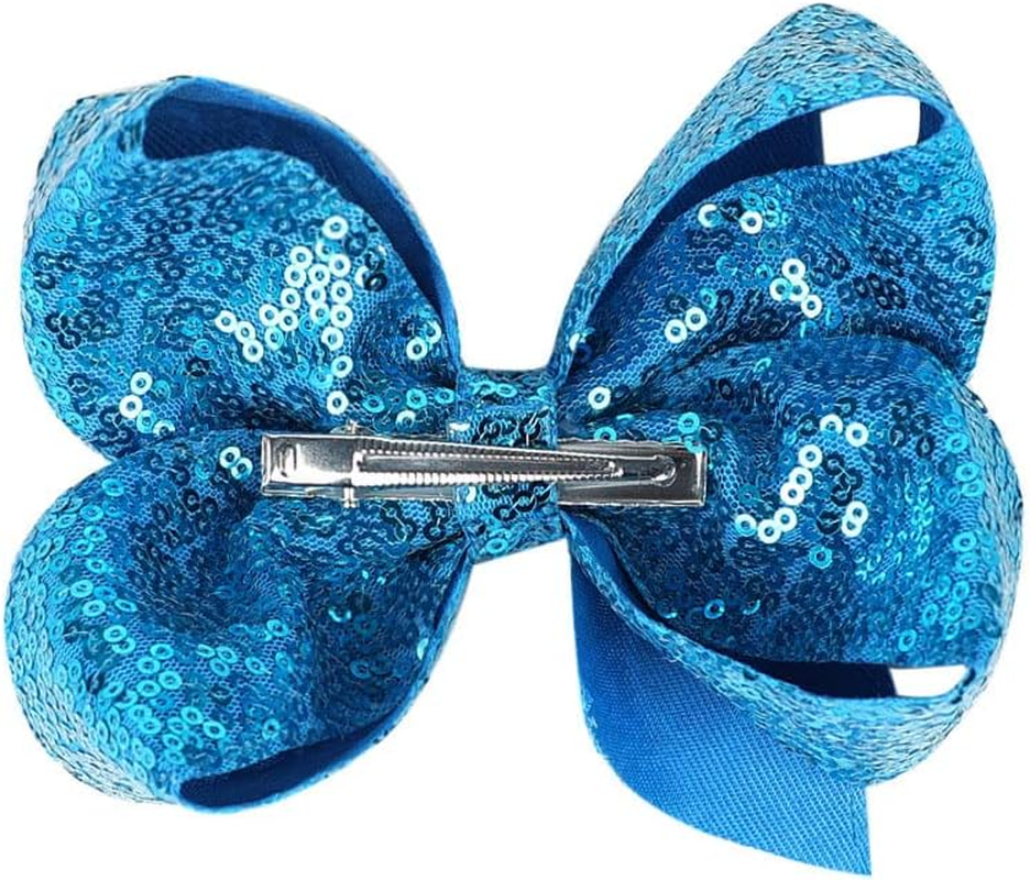 6 Inch Blue Sparkly Glitter Sequin Hair Bows for Girls Toddlers Kids Children Teenage (2PCS)