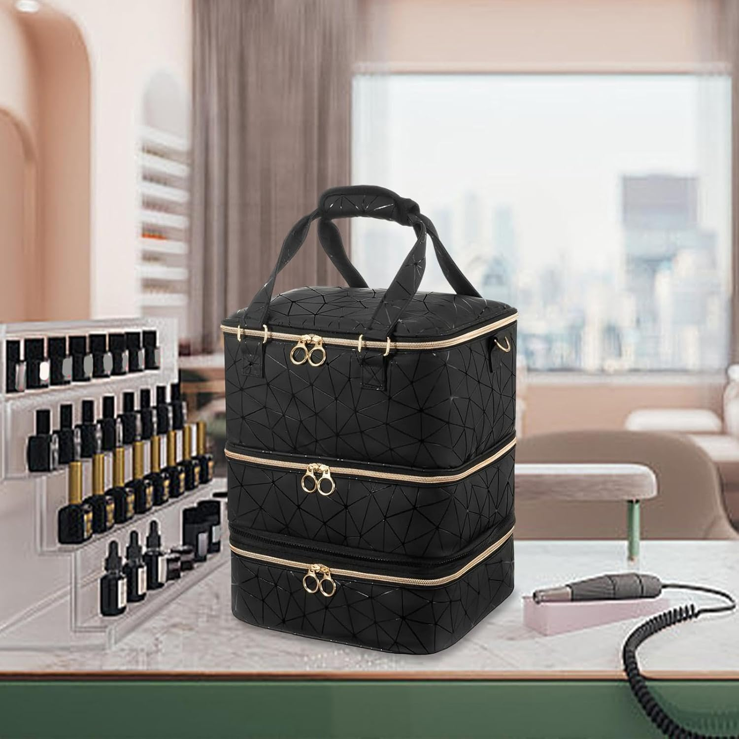 Perfk Nail Polish Organizer Detachable PU Leather Travel Nail Supplies Bag Three Layers Holds 84 Bottles for Nail Polish Nail Lamp image number 4