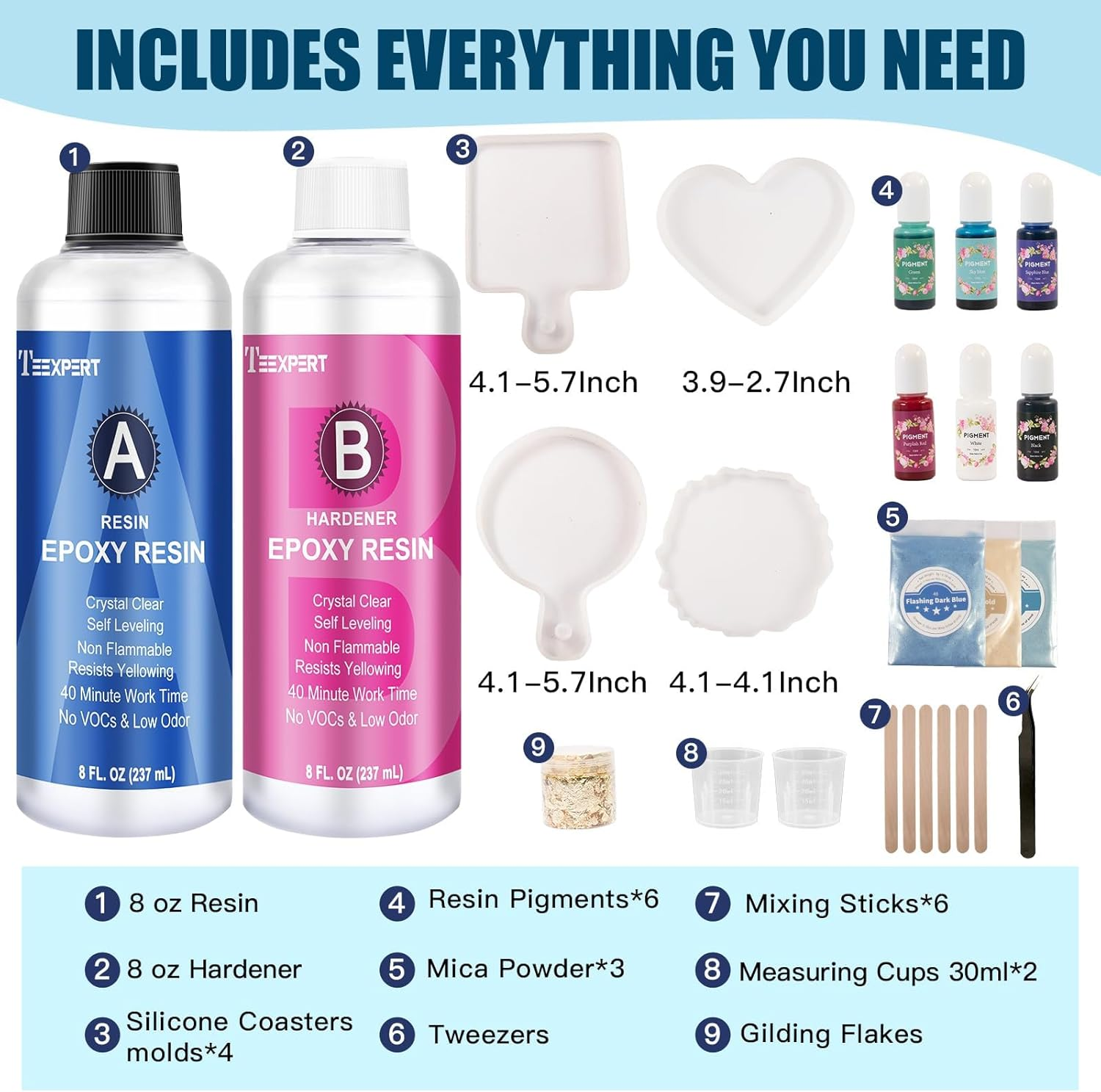 Teexpert Epoxy Resin Kit for Beginners, 474Ml Crystal Clear Resin Starter Kits with Moulds, Pigments, Mica Powder, Gold Leaf, Resin Kit for Coaster Jewelry Tray Coating and Casting image number 1