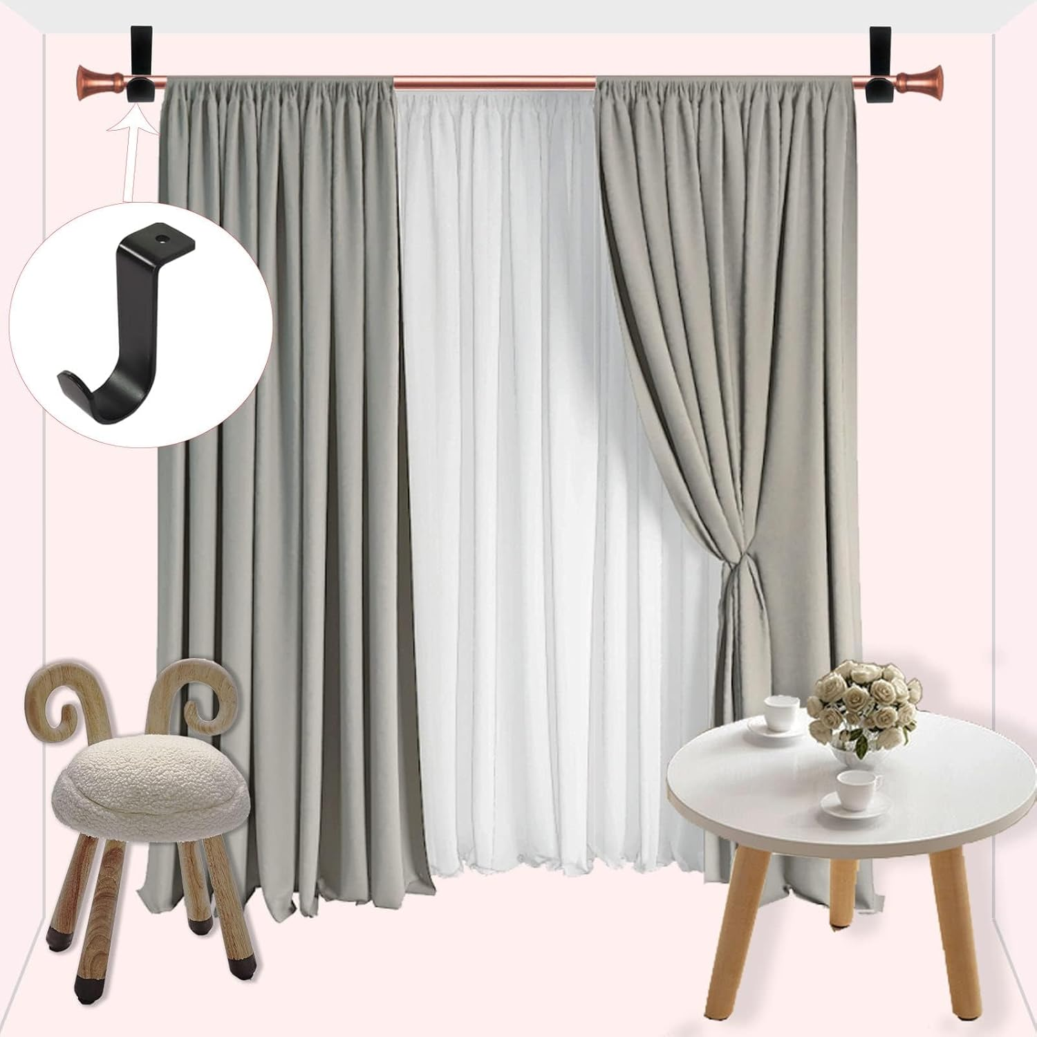 Kowibcl Curtain Rod Brackets for Ceiling-Mounted, Drapery Rod Holder for 1" Diameter Rod, Set of 2, Black - 3, Silver image number 5