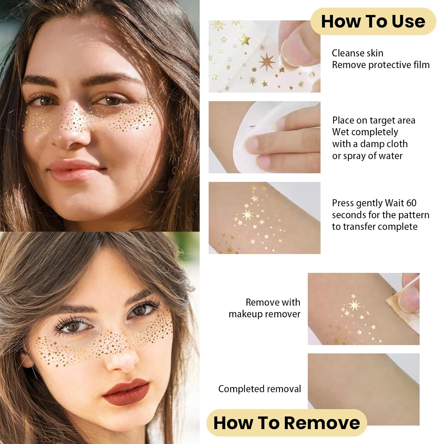 Agwenkui 10Pcs Glitter Freckles Face Tattoo - Natural-Looking Speckles Makeup Patches Freckles Tattoo with Speckles Patches for Face Makeup Glitter Designs (Gold Silver) image number 4