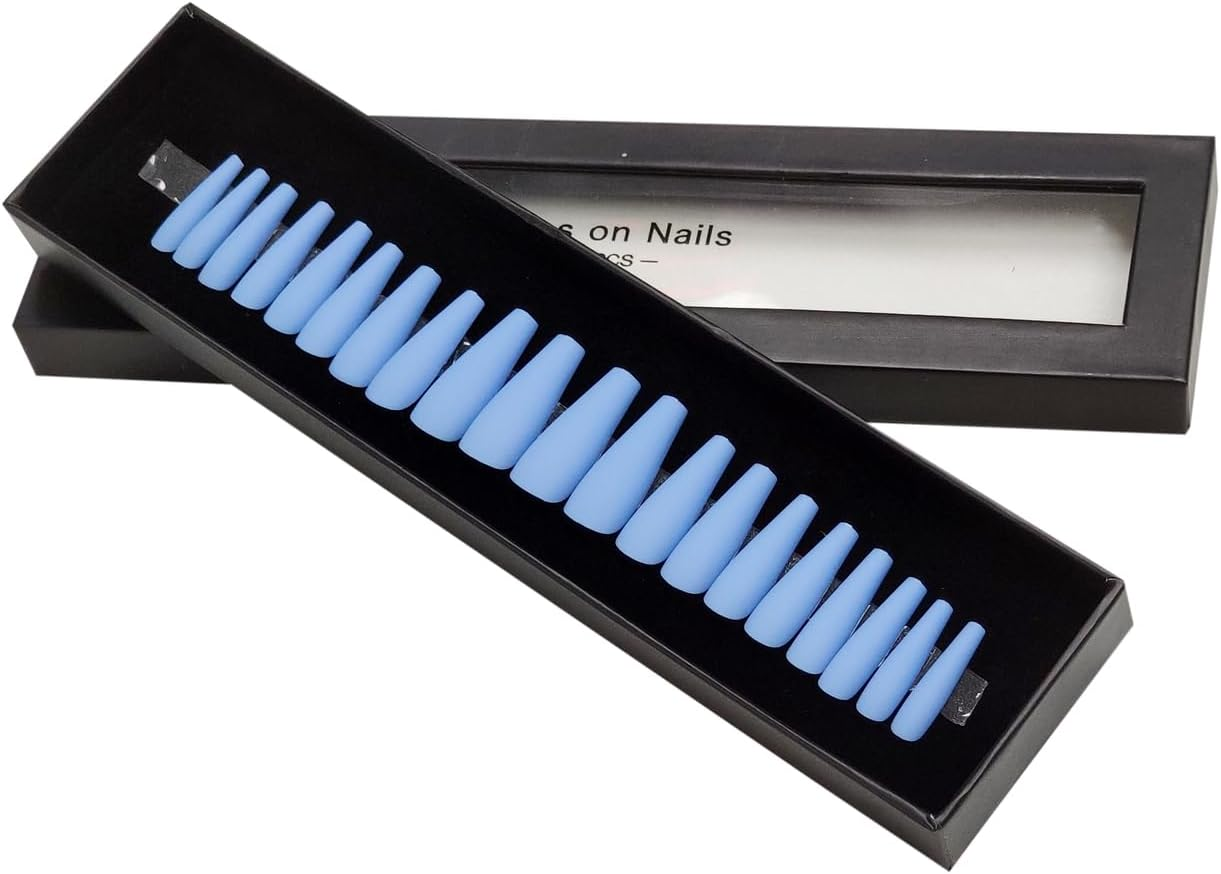 Press on Nails Fake Long Coffin Nail Tips Blue Matte 20 Pcs image number 1