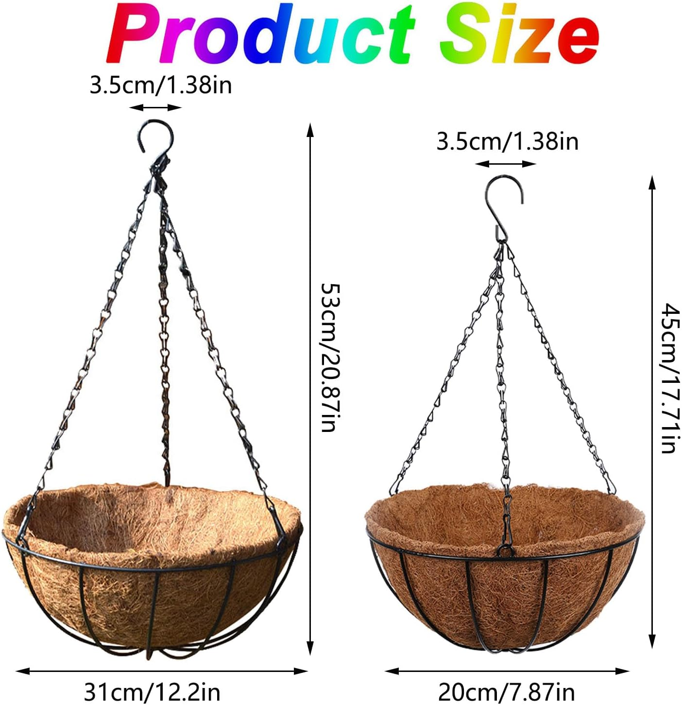 Outdoor Baskets for Plants, Wrought Iron Hanging Basket, 8/12 Inch Flower Basket for Hanging with Insert, Flower Pot Plant Holder, round Plant Holder for Wall, Window (12 Inch)