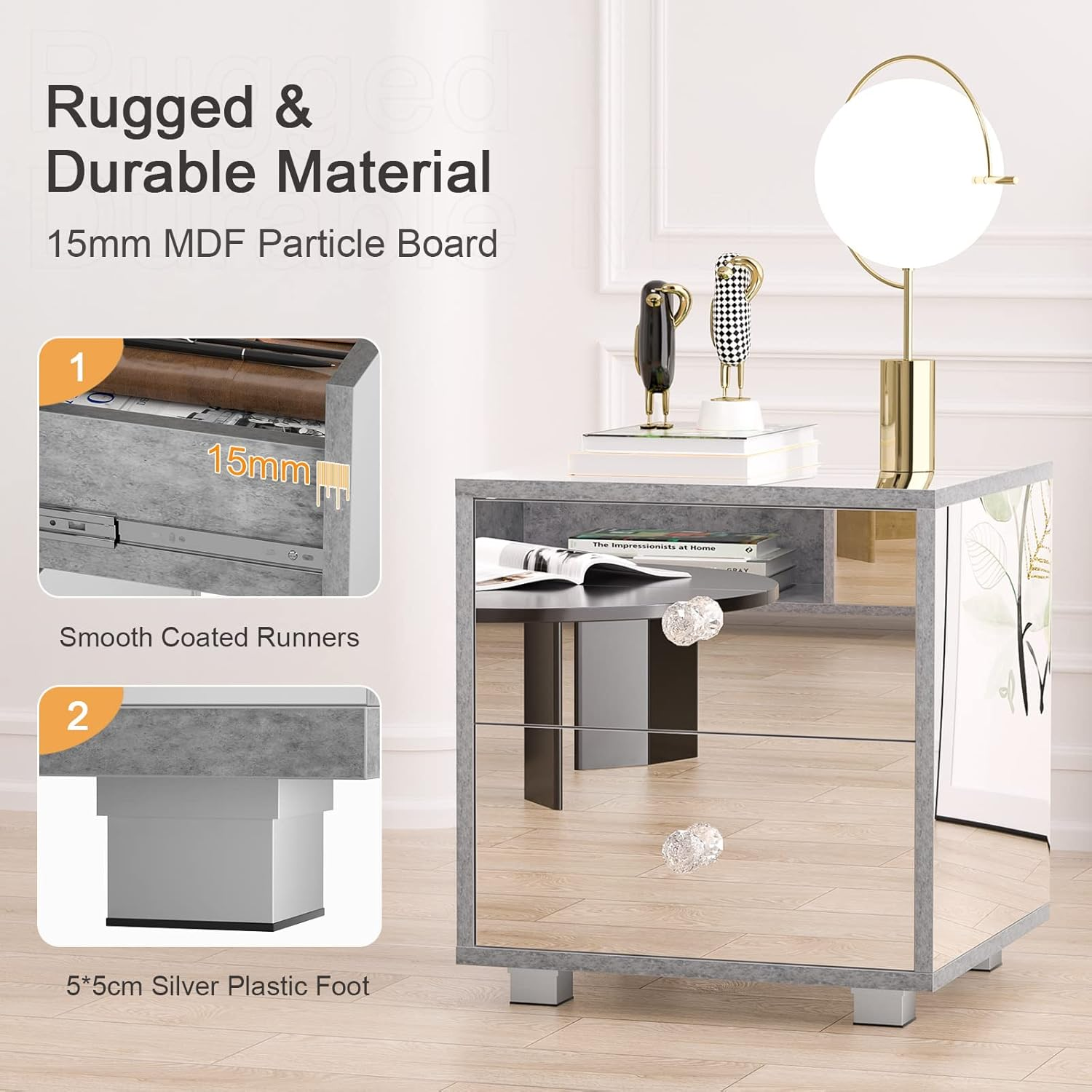 Ufurniture Mirror Bedside Table 2 Drawers Side Table Mirrored Nightstand for Bedroom Living Room image number 1