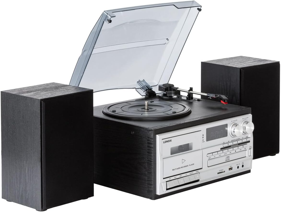 Lenoxx All-In-One Home Entertainment Music System with Wireless Technology 5.0-3 Speed Turntable, Cassette Tape & CD Player - Aux-In FM/AM Radio - Music System for Home & Remote Control - Black