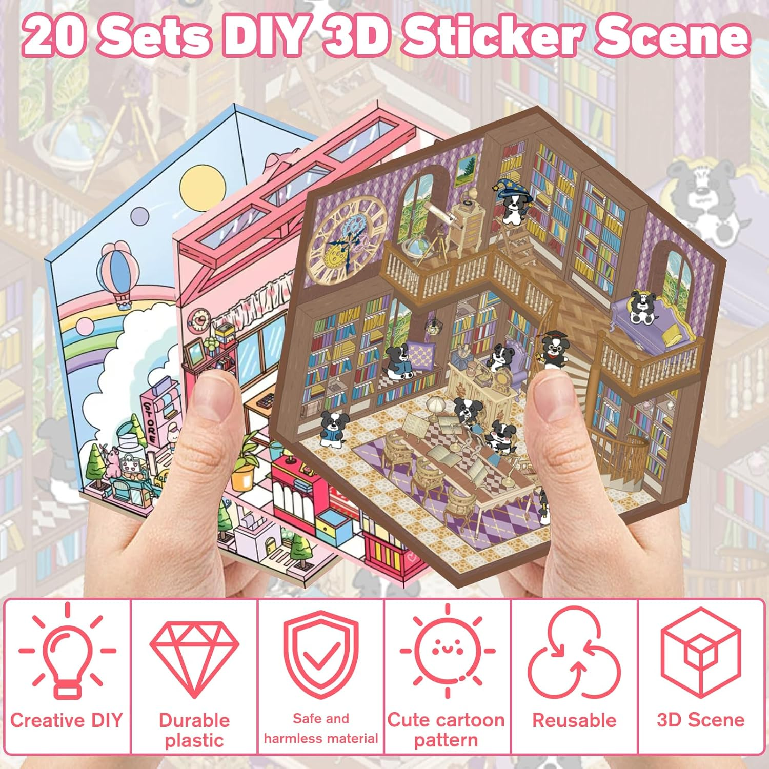 20 Sets DIY 3D Sticker Scene, Sticker Therapy for Adult Kids Make Your Own Scenes Miniature Room Cute Kawaii Cartoon Scene Stickers for Relief Stress Pass the Time image number 4
