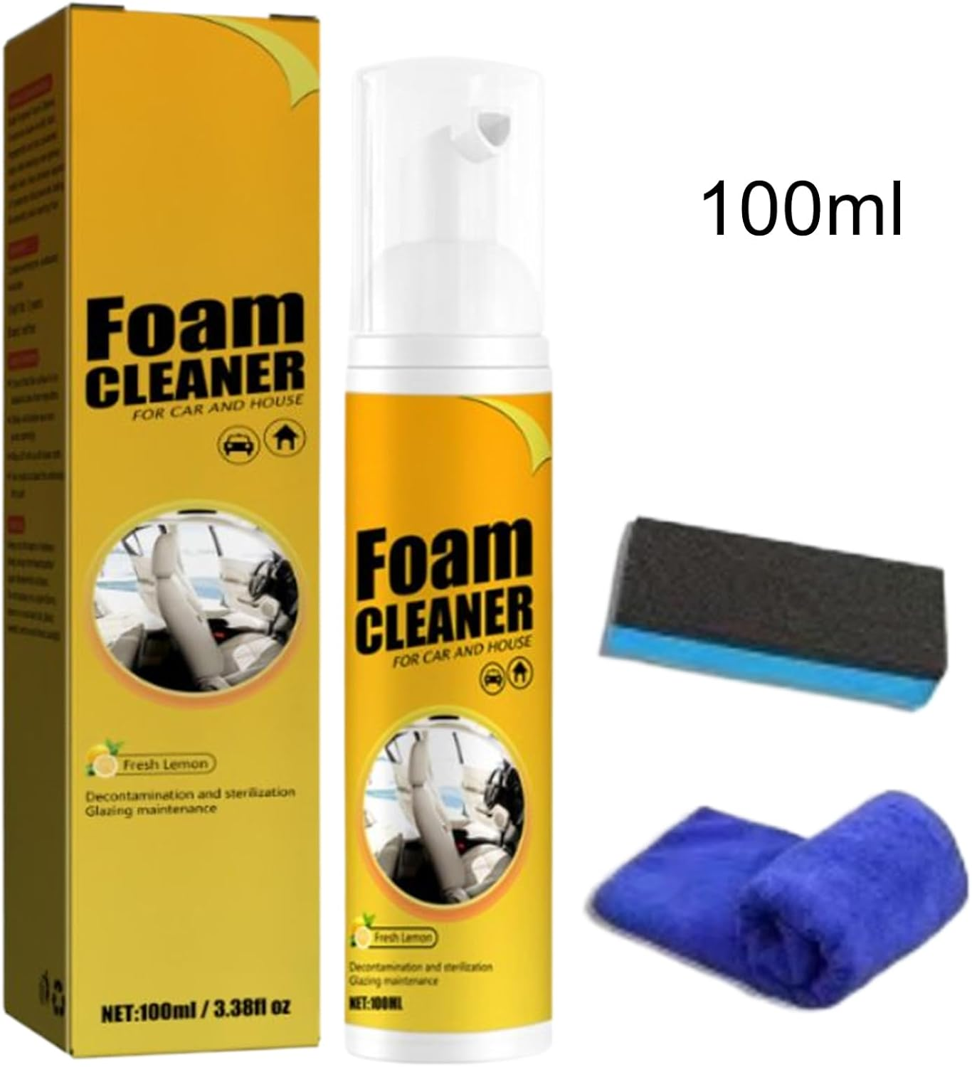 Fbinys Foam Cleaner for Car - Car Steering Wheel Foam Cleaner with Cloth and Sponge,100Ml Automotive Detailing Agent for Central Console Steering Wheel Dashboard Trim Door Upholstery
