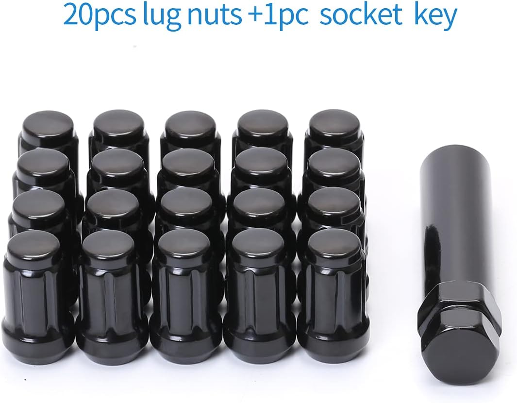 20 Pcs M12X1.25 Black 6 Spline Lug Nuts with Socket Key - anti Theft, 1.38" Long