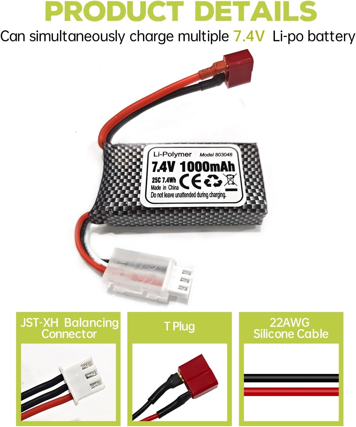 2PCS 7.4V 1000Mah T-Type Plug Lithium Battery for 18858 18859 18859A 18859E HM163 HM164 35-DJ03 35-DJ04 SN-DJ02 16889 16889A 16890 2845 2846 Q901 Q902 Q903 Remote Control Car Quadcopter Drone Battery image number 3