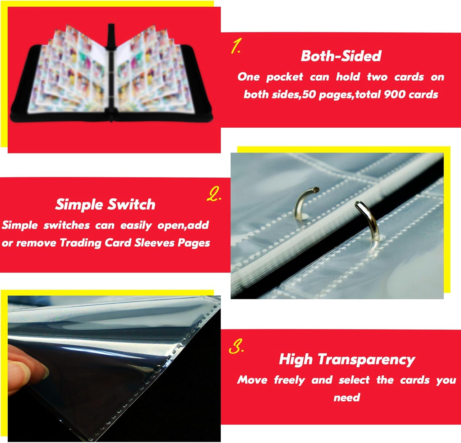 900 Pockets Card Binder, 9 Pocket Trading Card Holder, Cards Albums with 50 Removable Sleeves, Card Binder for 900 Cards image number 3
