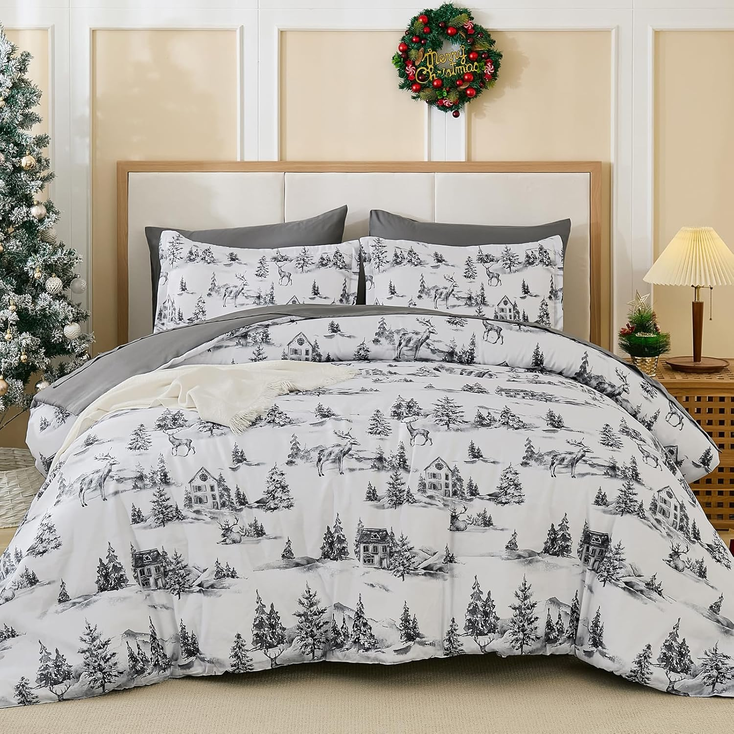Dobuyly Christmas Duvet Cover Set Queen Size 3PCS Grey Lodge Reindeer Tree Duvet Cover with 2 Pillowcases, Soft Microfiber Xmas Holiday Bedding Set 90"X90"(No Comforter) image number 2