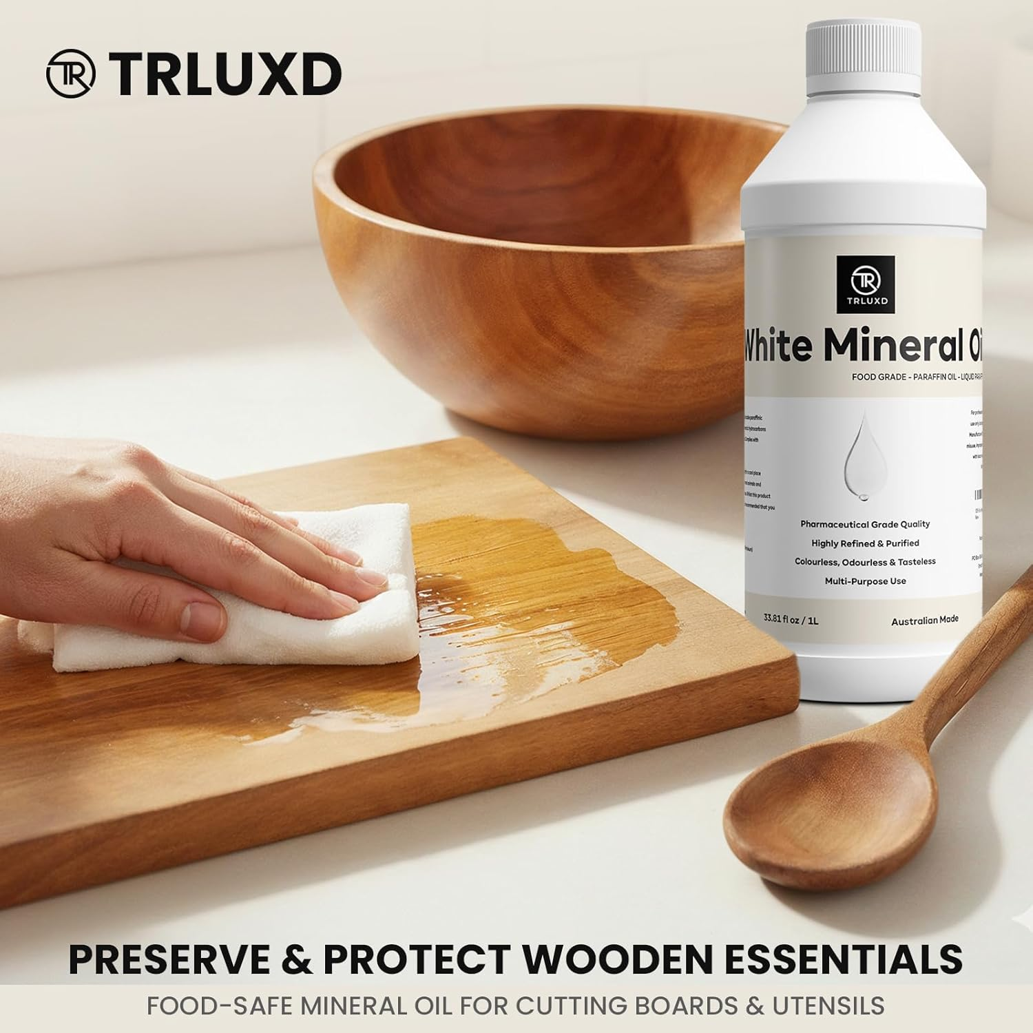 TRLUXD White Mineral Oil BP/USP 1L | Food & Pharmaceutical Grade | Odorless & Colorless | Multi-Purpose Use for Kitchen, Wood, Pets & More image number 1