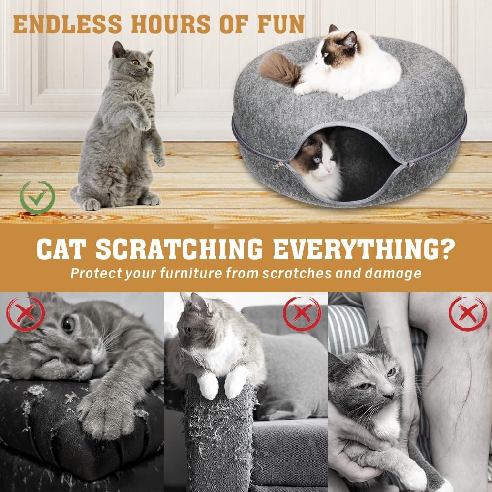 VAKA Felt Cat Cave Bed with Zipper &ndash; 59X59X29Cm Donut-Shaped Cat Tunnel Bed for Indoor Cats &ndash; Washable & Detachable Cat House for Multiple Cats, Dark Grey image number 3