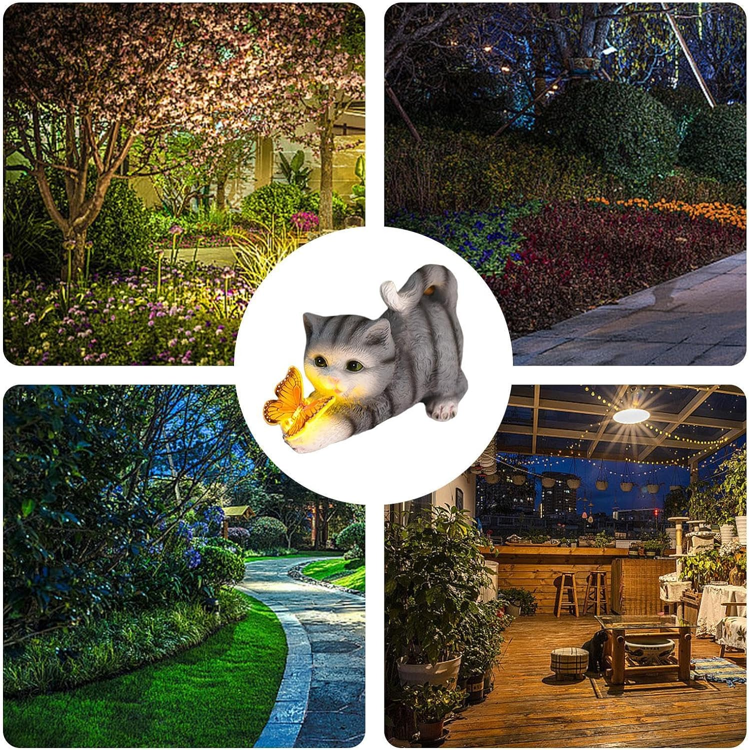 Solar Cat Statue | Cat Outdoor Solar Sculpture,Solar Garden Statue Cat Figurine, Resin Kitten Statue Playing Butterfly for Patio, Lawn, Yard Art Decoration image number 1