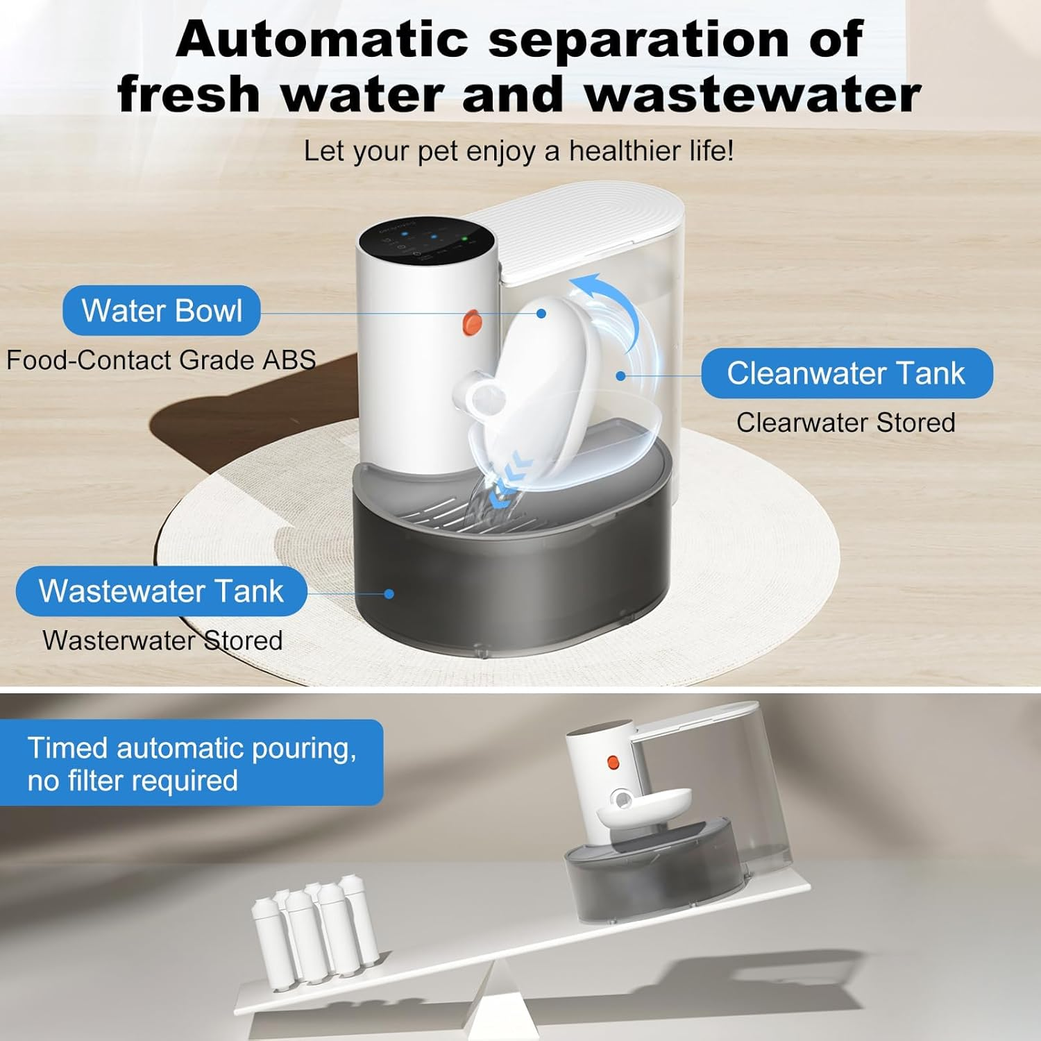 Smart Pet Water Fountain, 3.5L Filterless Automatic Dispenser with Anti-Accidental Touch Mode, Rechargeable, White image number 4