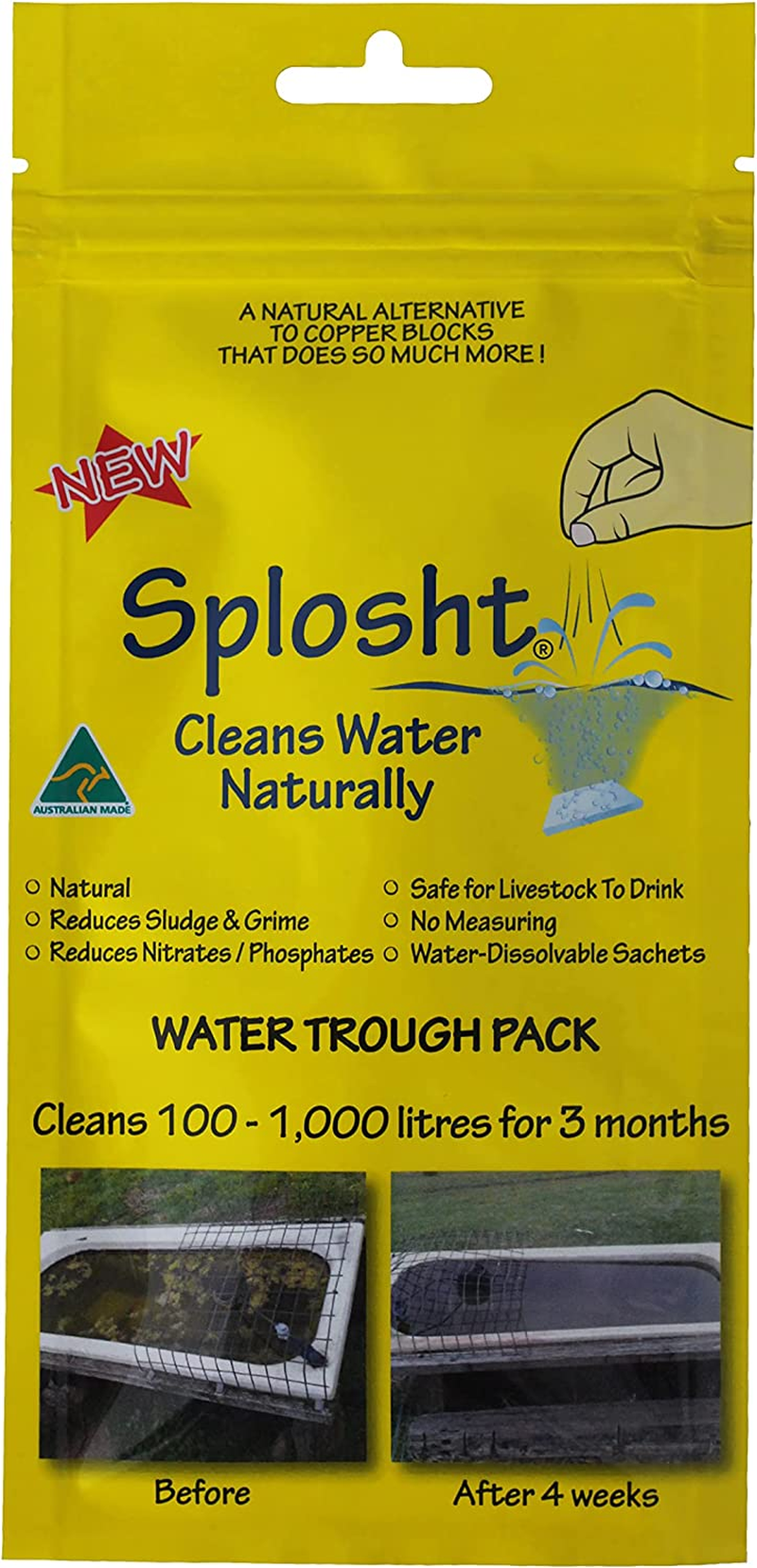 Splosht Water Trough Pack - Dissolvable Sachets - No Measuring. Reduces Algae and Sludge Naturally - Safe for Horses, Sheep and Cattle. - Treats 100-1000 Litres for 3 Months. image number 1