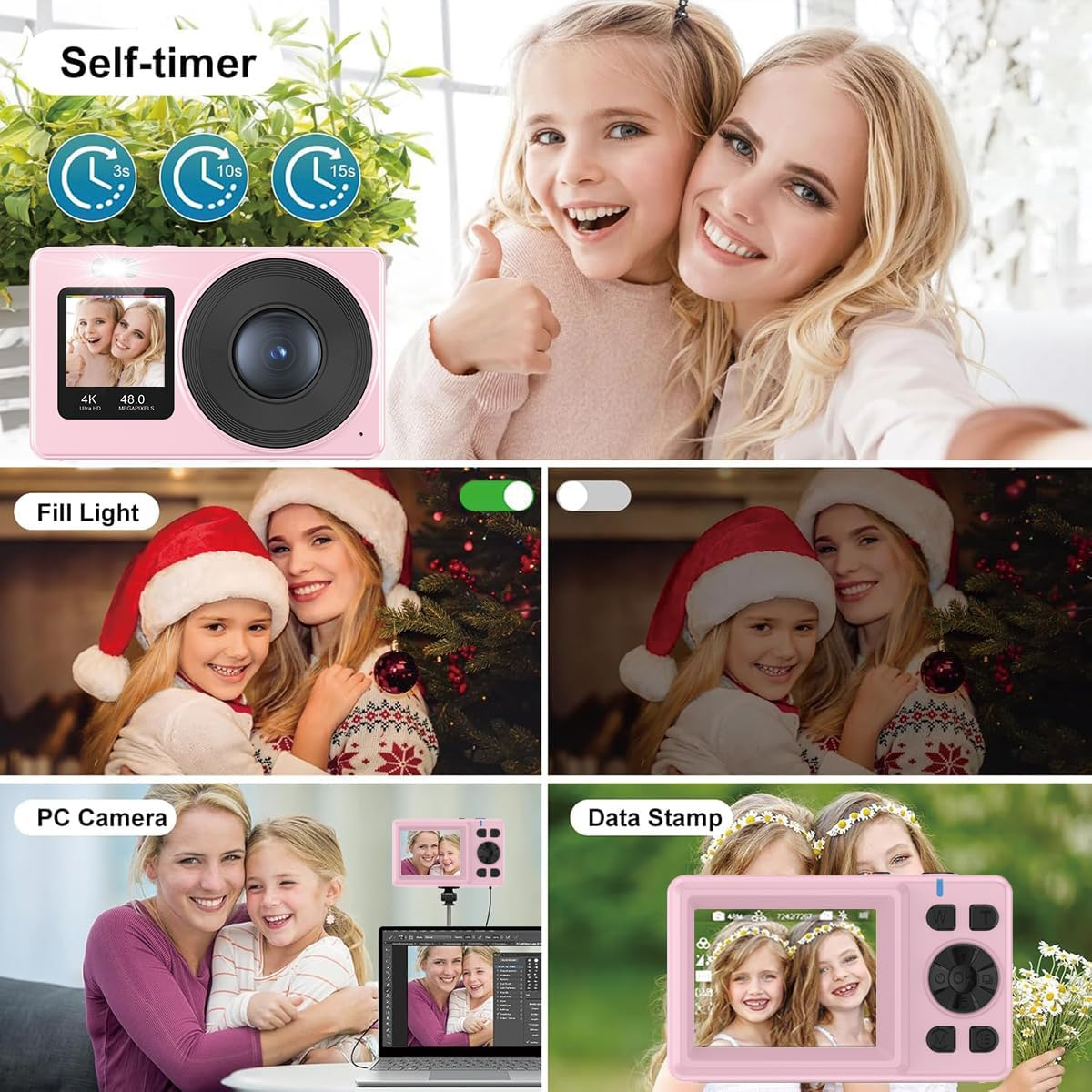 AILRINNI Dual-Screen 4K Digital Camera, with a 2.4" LCD Rear Screen and a 1.3" Front Screen, a 48-Megapixel Full HD Camera, an 18X Zoom Function, Nd a 64GB Memory Card image number 1