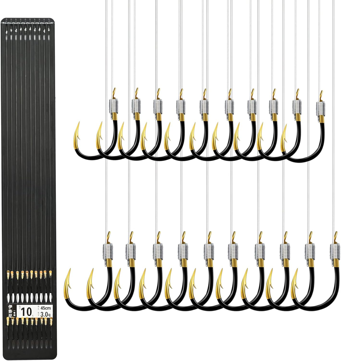 LNOJENR Fishing Hooks with Line, Strong Sharp Double Hook Rigs with Barbs, Pre Tied Fish Hooks Already Tied‑In Fishing Wire/Leader, Black Gold Fish Hook for Freshwater/Seawater (20 PCS), Medium, D10 image number 6