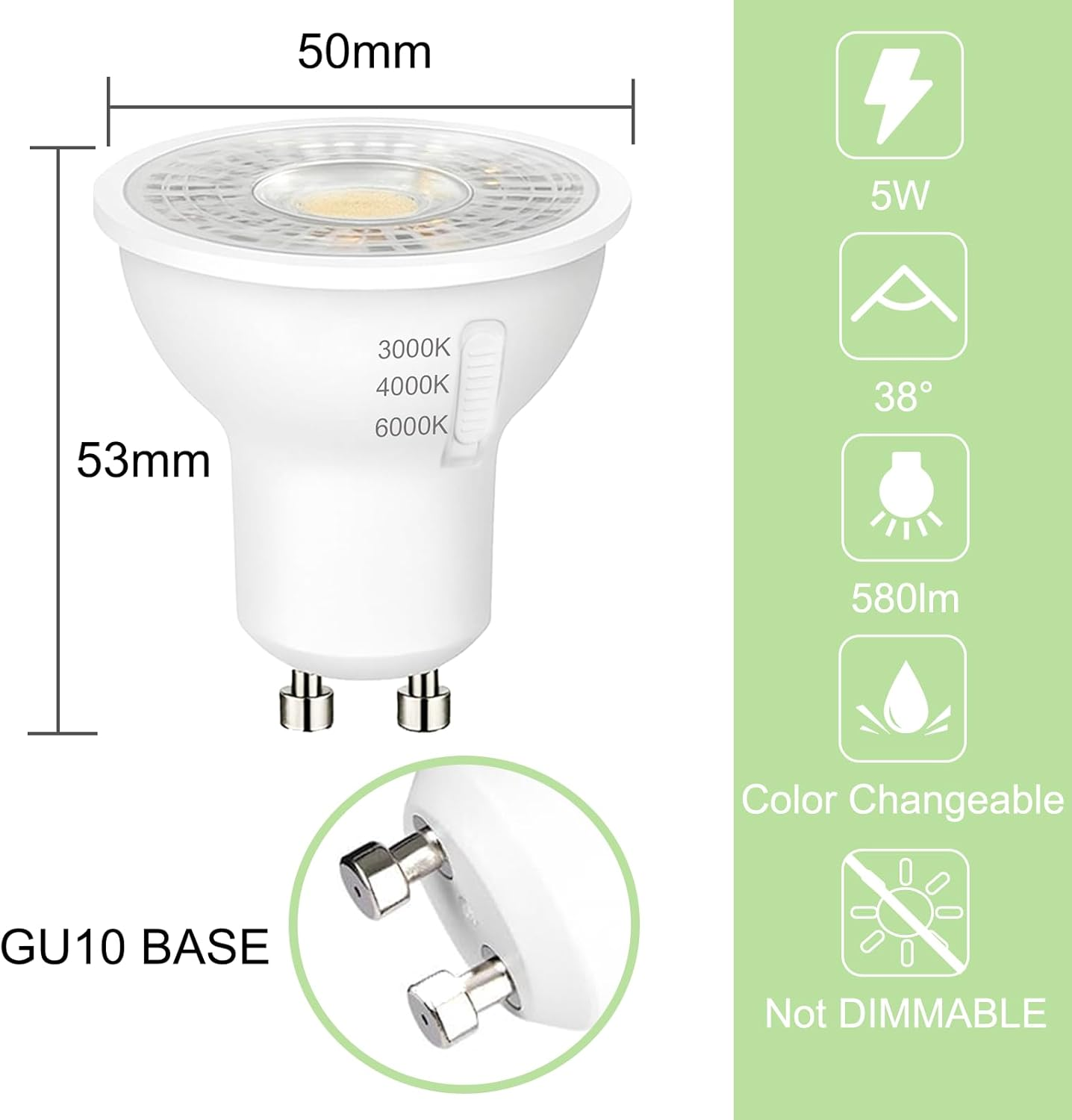 Cinsenten Gu10 LED Bulbs, Warm White/Neutral White/Cool White, Dimmable, Energy Saving Lamps, Equivalent to 50W 60W Halogen Bulbs, 120&deg; Beam Angle, 230V (3CCT Dimbars, Pack of 2) image number 2