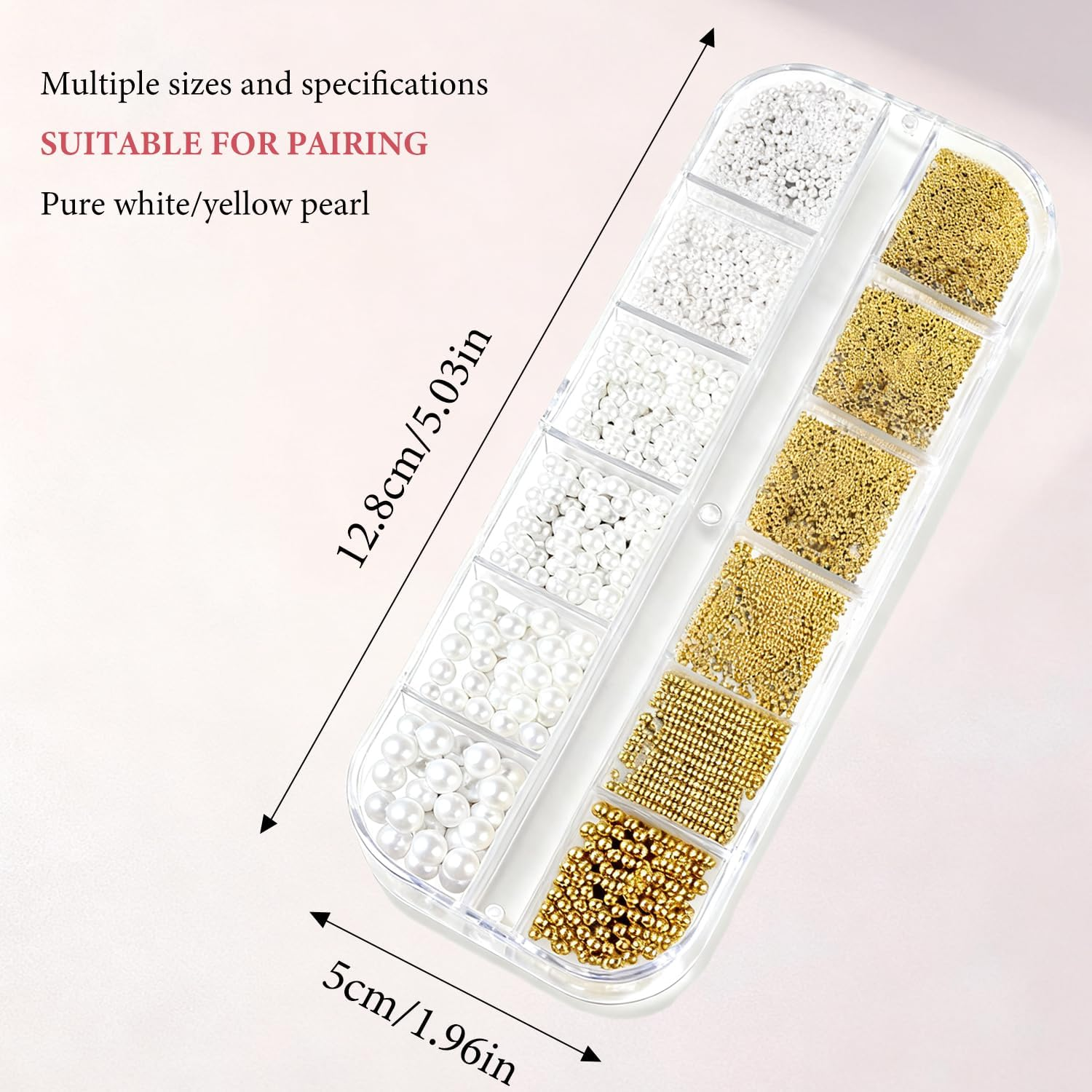 WALWAL 12 Compartments Nail Art Decoration Kit Pearls Steel Balls DIY Manicure Accessories with Dual End Tweezers(Pearl & Steel Ball) image number 1