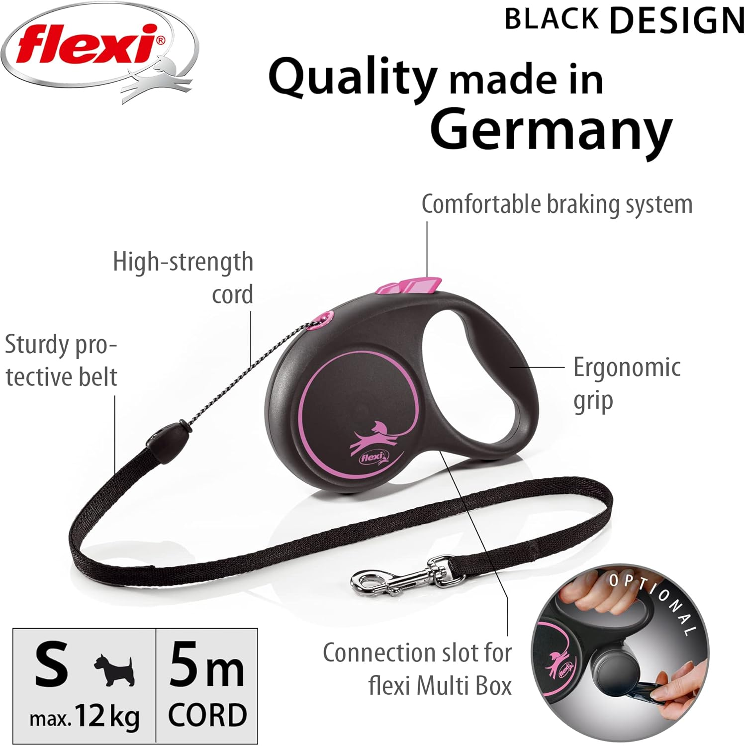 Flexi&reg; Black Design S Rope 5 M Black/Pink Roll Lead for Dogs up to 12 Kg