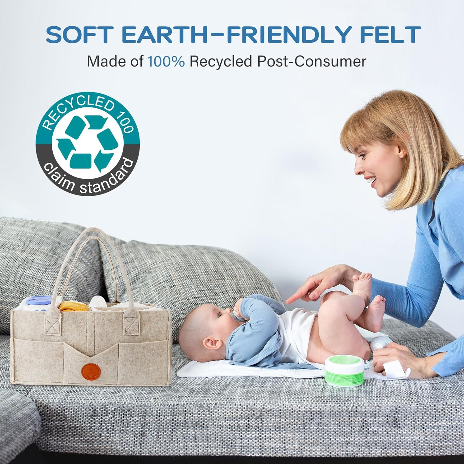 Maliton Baby Diaper Caddy Organizer for Changing Table, Nursery Storage Bin Basket with Handle, Felt Diaper Organizer Suitable for Indoor Outdoor (Khaki) image number 2