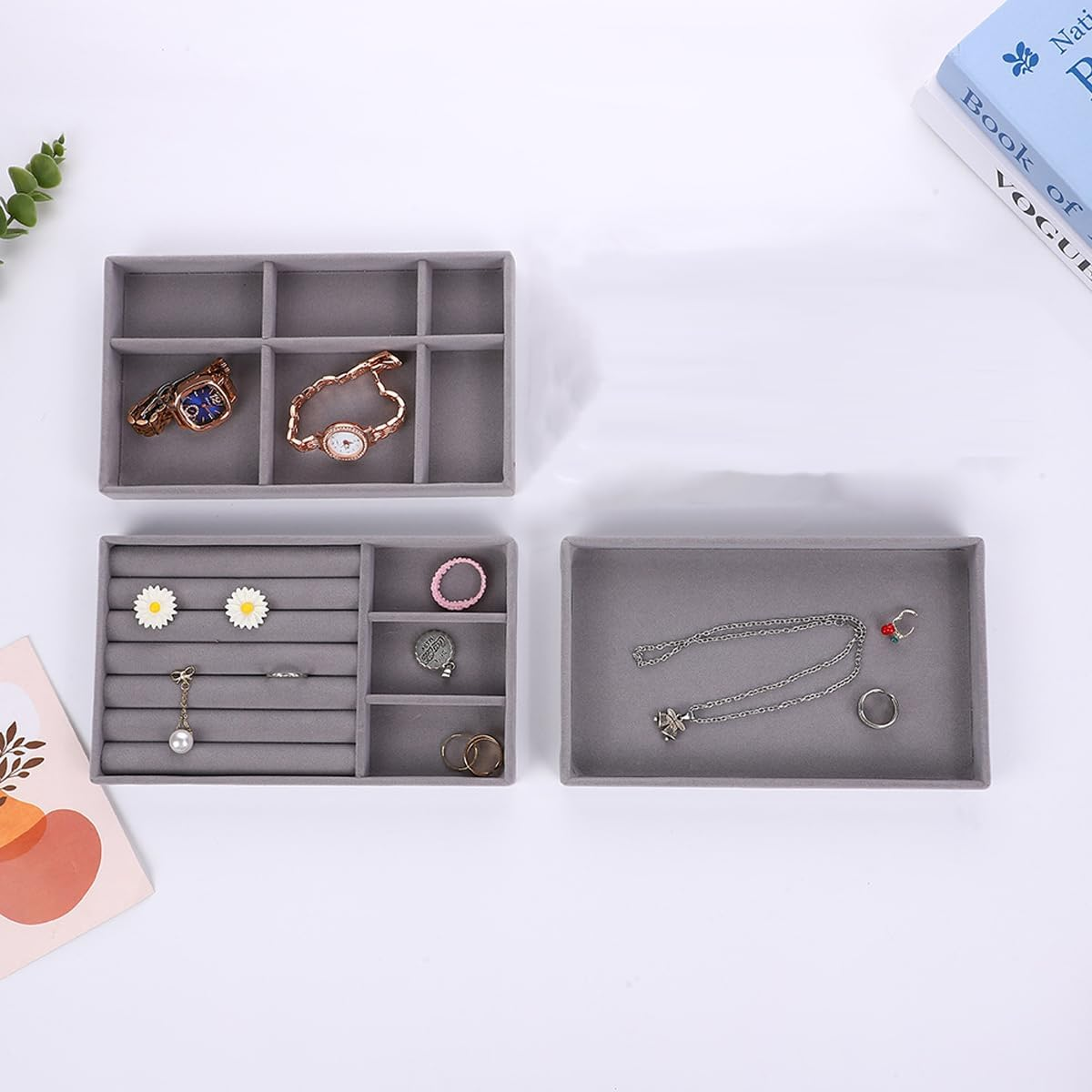 AIMALL 4PCS Grey Flocking Jewelry Display Storage Box Set Desktop Makeup Organizer Tray for Earrings Rings Bracelets Necklaces Velvet Jewellery Storage Holder 4.8In X 8.3In Compartments image number 5