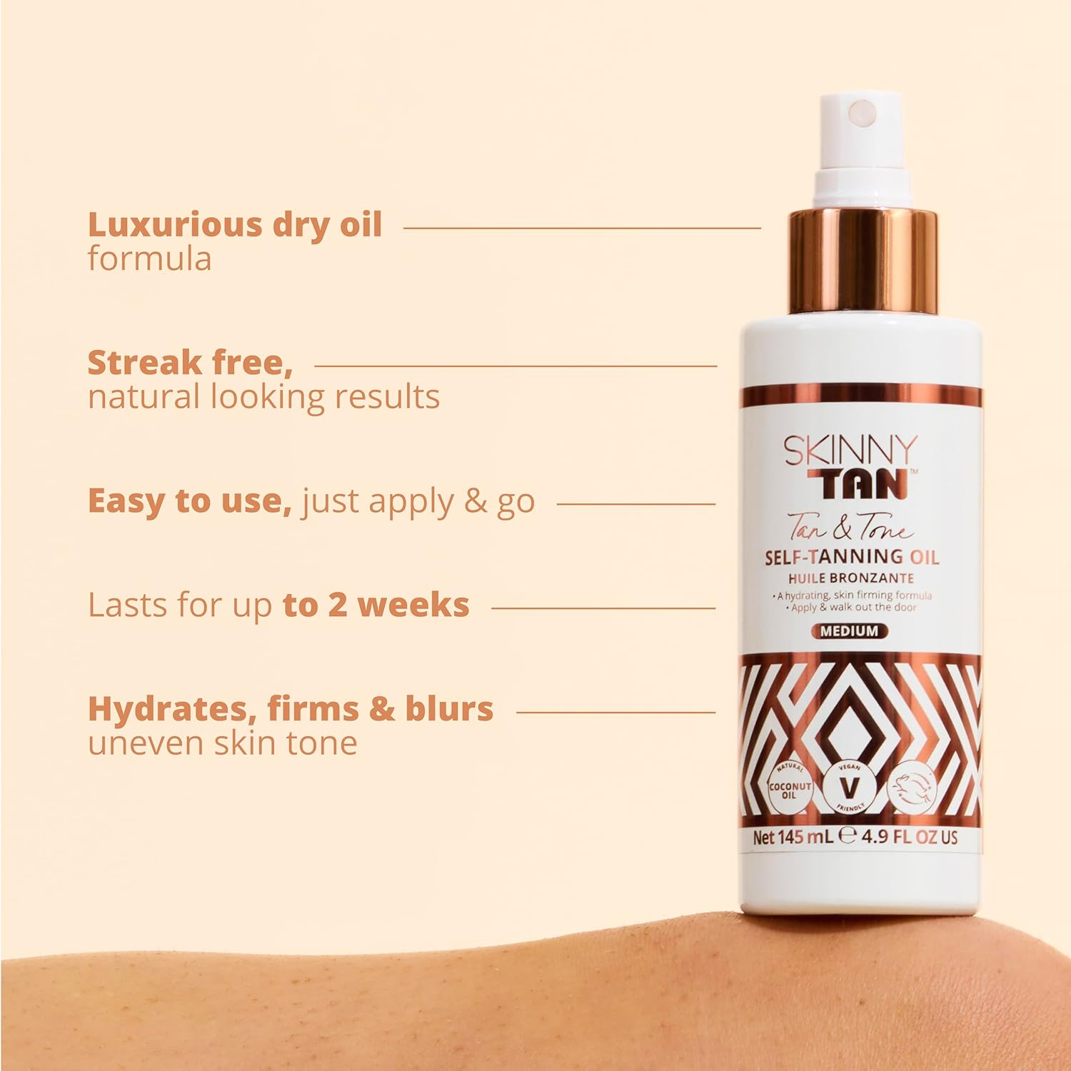 Skinny Tan Tan & Tone Self-Tanning Oil | Streak Free Natural Looking Tan with Coconut Oil | Enriched with Guarana Extract to Tone & Firm Skin | Cruelty-Free & Vegan (Medium) 145Ml image number 6