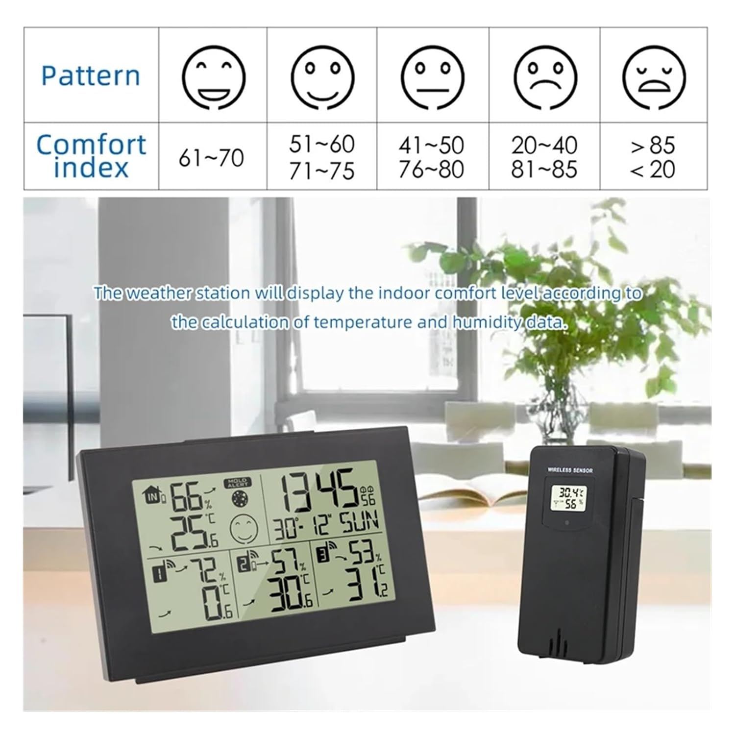 Dual Alarm Clock Weather Station Indoor/Outdoor Digital LCD Thermometer Hygrometer Trend Alert 3 Wireless Sensors image number 2