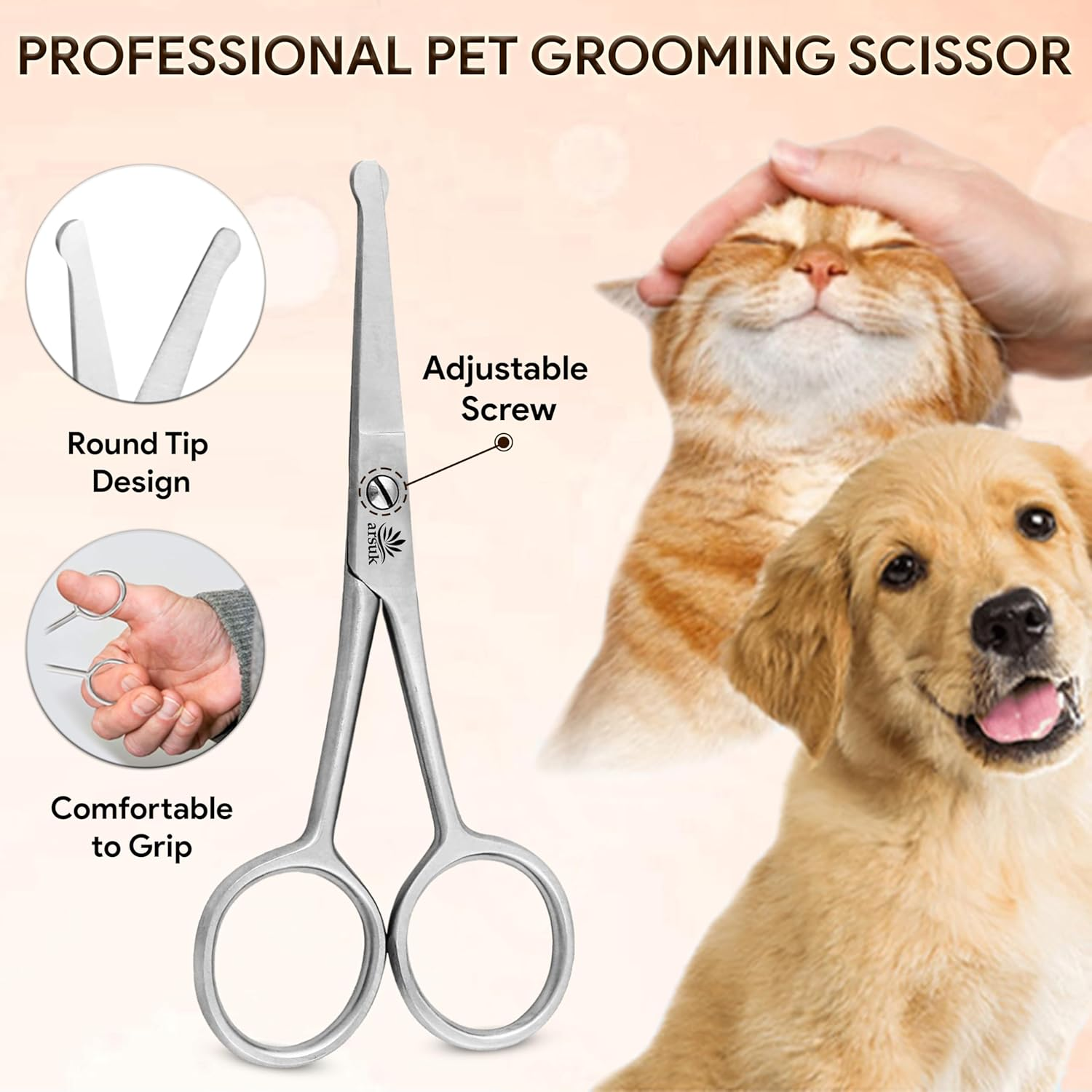 ARSUK Dog Scissors for Grooming Face and Paws, Ear and Eyes - Blunt Rounded Tip to Trim Any (Cat and Dog) Hair Securely Length 4.5-Inch Stainless Steel image number 3