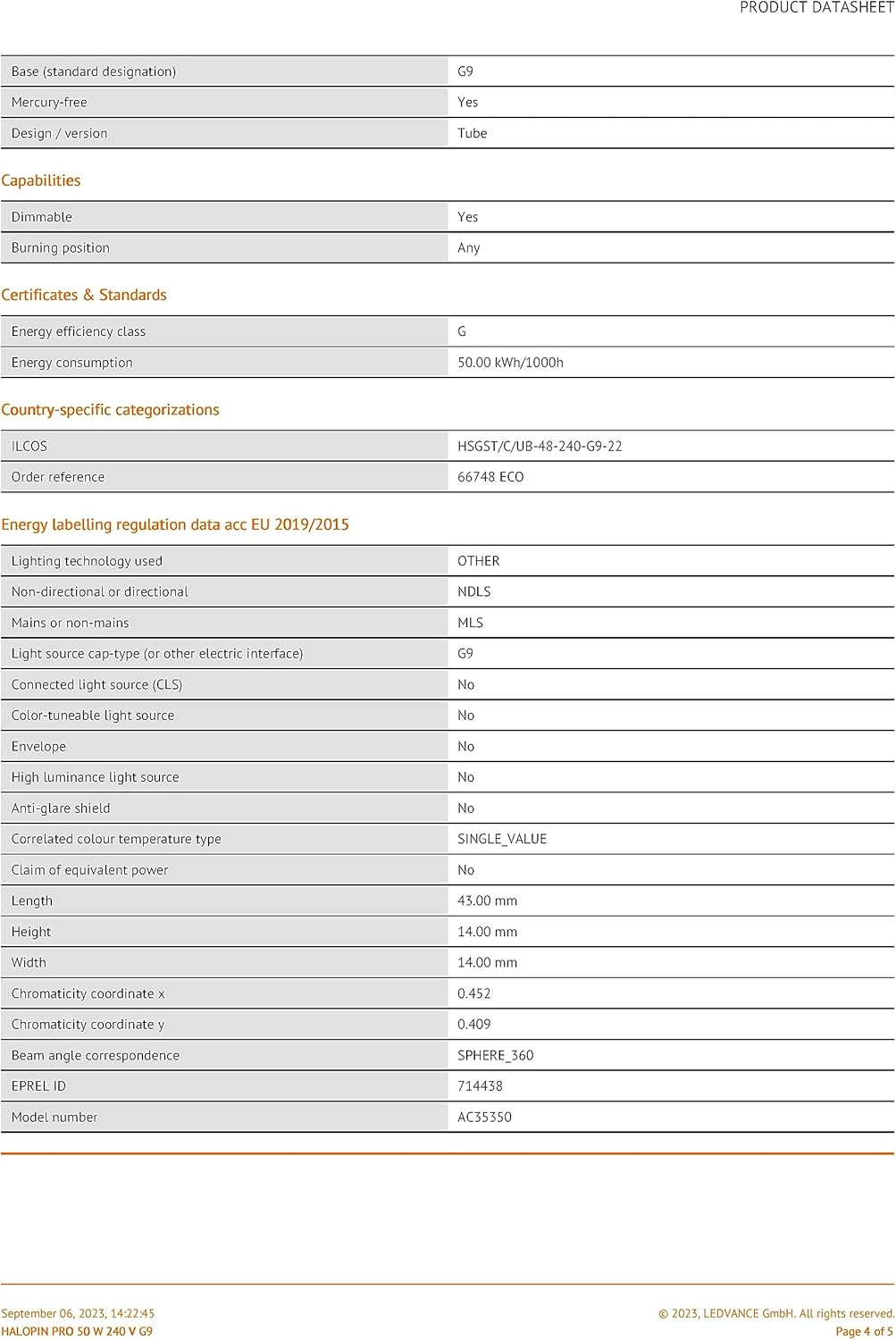 Osram Halopin G9 Dimmable Halogen Plug Bulb 48 Watt - 60 Watt Replacement - Warm White - 2800K - Pack of 2 image number 3