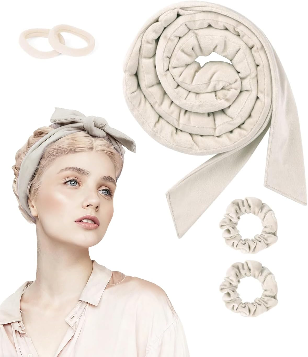 JUKOTA Pack of 5 Heatless Curls, Velvet Heatless Curls Band, Hair Curler Overnight, Curlers Overnight, DIY Hair Curler Rollers Set, Curls without Heat for Long Hair (Beige) image number 2