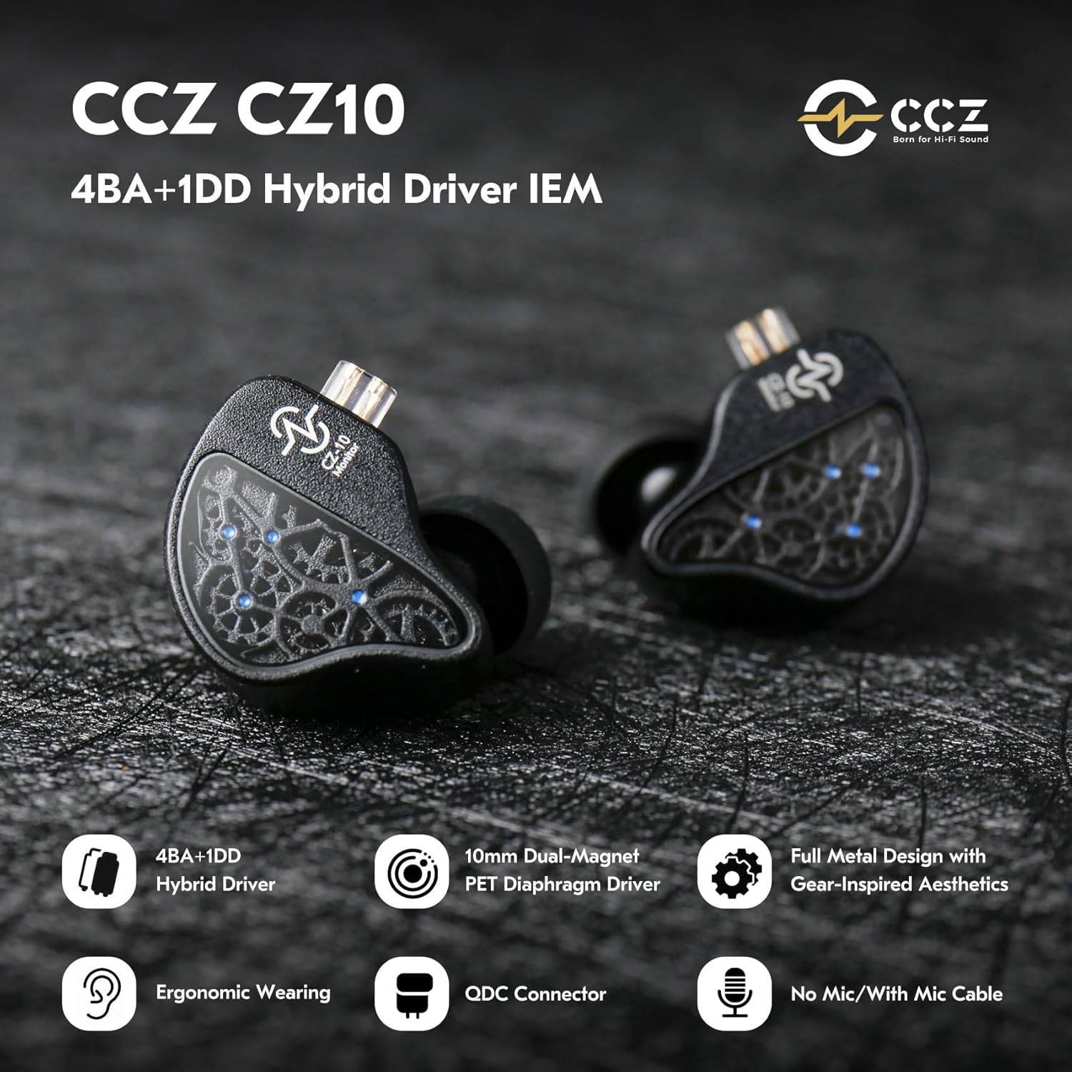 KINBOOFI CCZ CZ10 Iems with Microphone, 4BA + 1DD In-Ear Monitor, Hifi Earphones with 10Mm Dual Magnetic PET Driver, Gaming Headphones with Detachable 2 Pin Cable image number 5