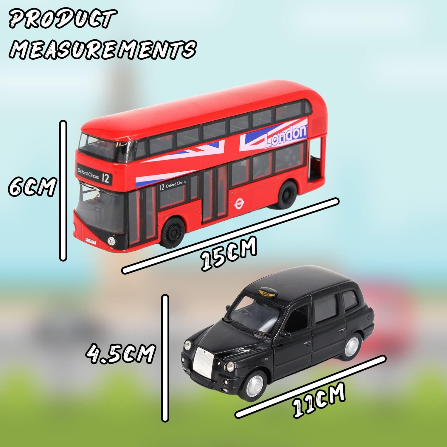 Official TFL Licensed Classic Austin PX4 Black Cab Taxi and NEW Routemaster Double Decker London Bus, Metal Die Cast Freewheeling Action Toy Models (Large London Taxi and Bus) image number 5