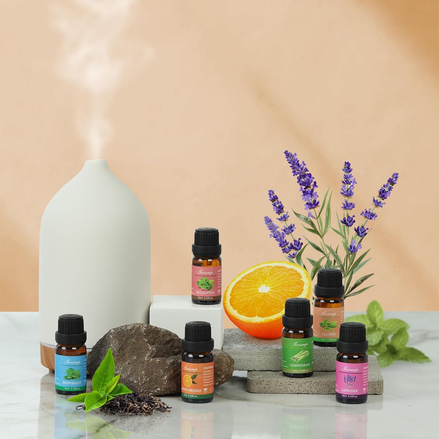 Essential Oils Set-Top 6 Organic Blends for Diffusers,Candle Making,Aromatherapy,Humidifiers,Gifts - Peppermint,Teatree,Lavender,Eucalyptus,Lemongrass,Orange(6X0.33 Fl Oz)