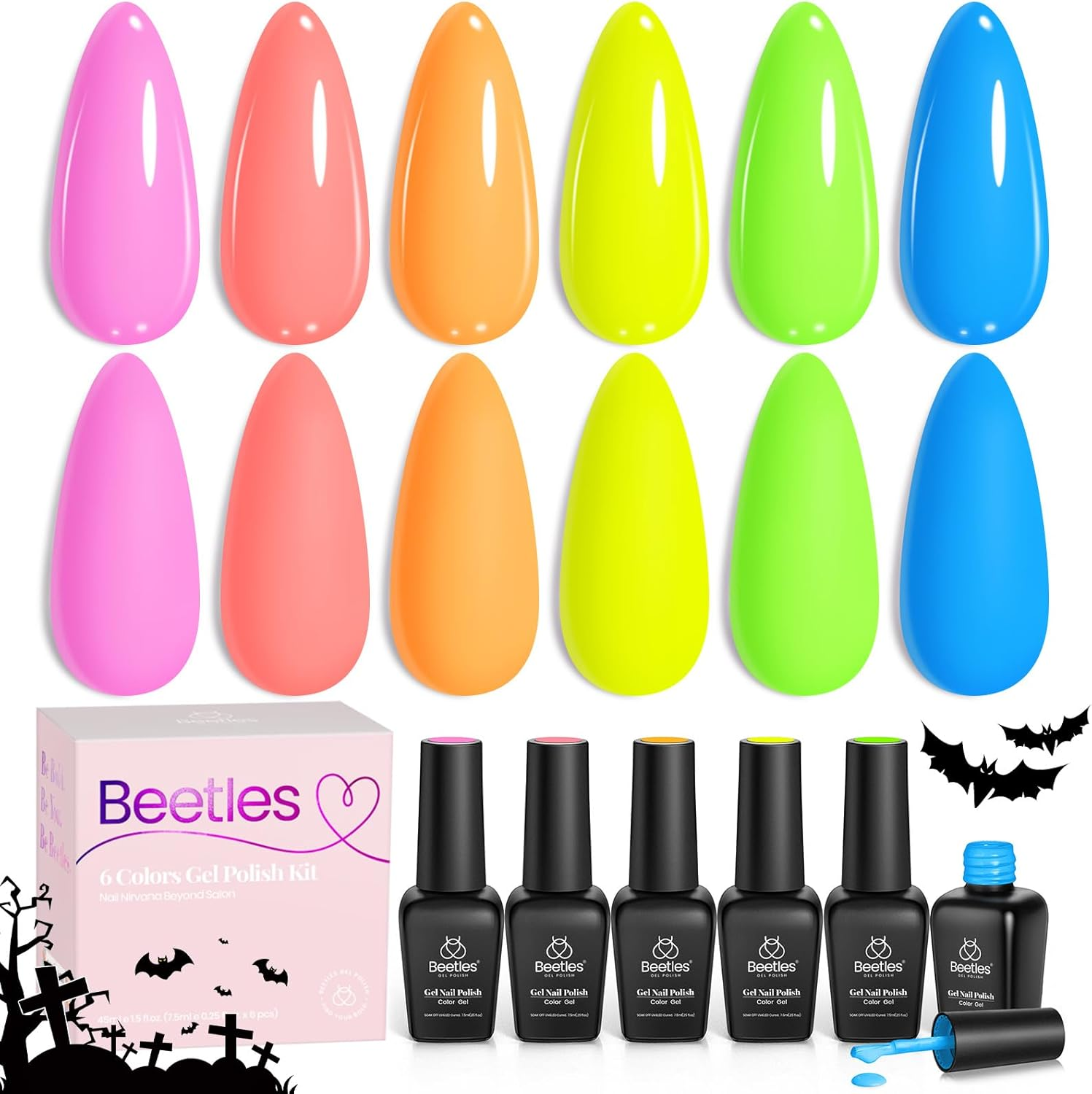 Beetles Gel Polish &ndash; 6 Colours Neon Rainbow Gel Polish Set, Spring Summer Nail Polish Set Soak off UV LED Nail Art for Women