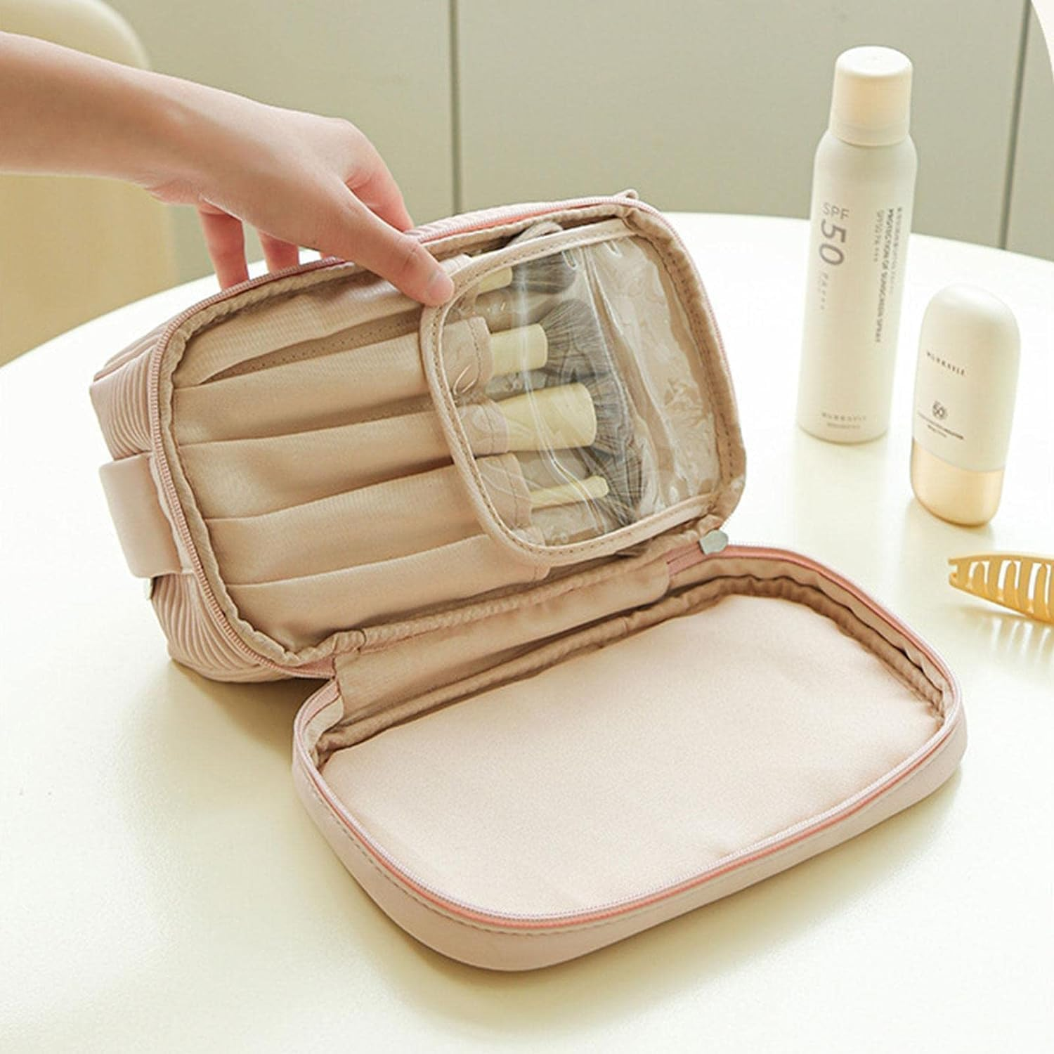 Toiletry Bag for Traveling,Water Resistant Makeup Organizer with Convenient Handle - Cute Travel Shaving Kit Toiletries Cosmetic Bags for Bathroom - Pink image number 2