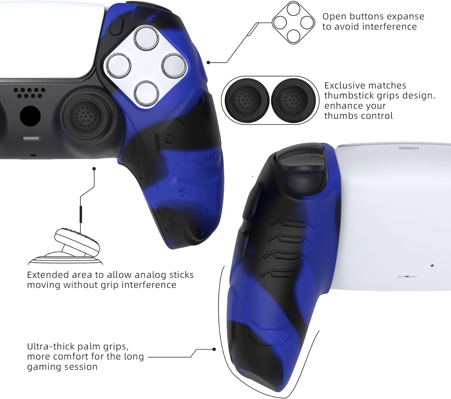 Playvital Mecha Edition Blue & Black Ergonomic Soft Controller Silicone Case Grips for Ps5, Rubber Protector Skins with Thumbstick Caps for Ps5 Controller - Compatible with Charging Station - Blue  Black image number 5