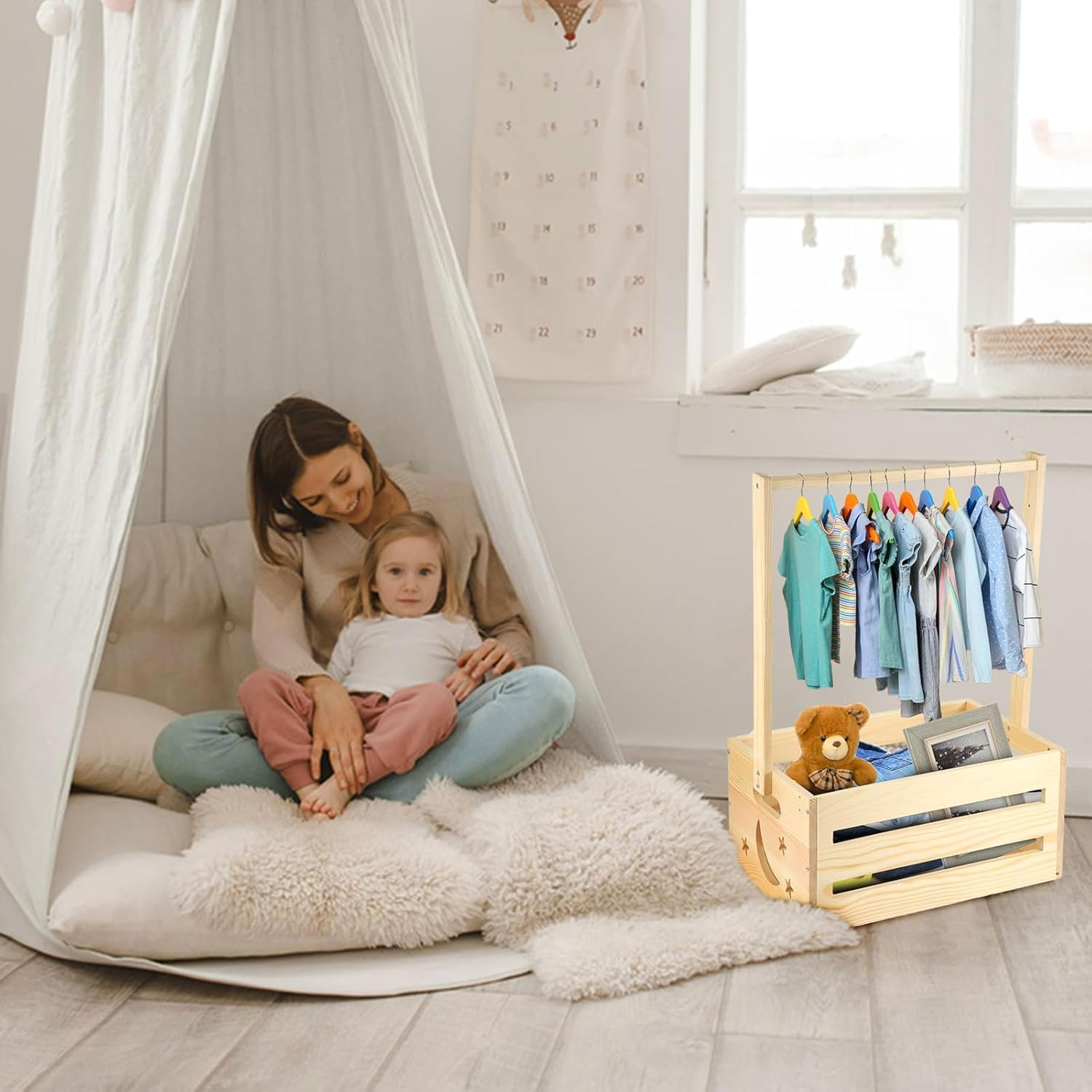 MUSONG Rustic Decorative Baby Storage Crate Hamper with Handle, Wooden Baby Shower Crate Closet, 34.4 X 23 X 54.5 Cm image number 1