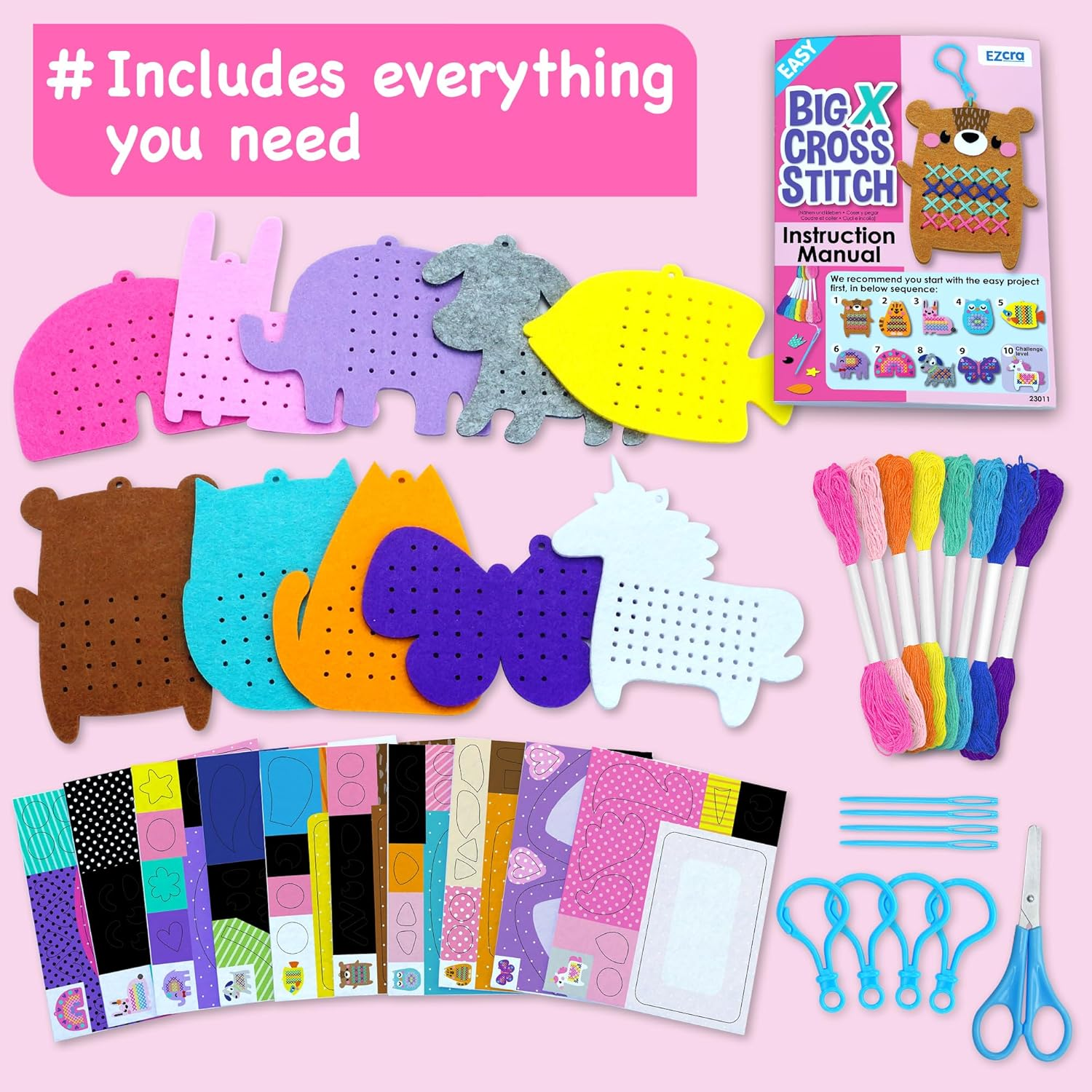 EZCRA Easy Arts and Crafts for Kids - Beginner Cross Stitch Kits for Kids - Extra Large Cross Stitch with Jumble Needle - 10 No Mess Animal Projects - Everything Included - Age 4,5,6,7,8 image number 5