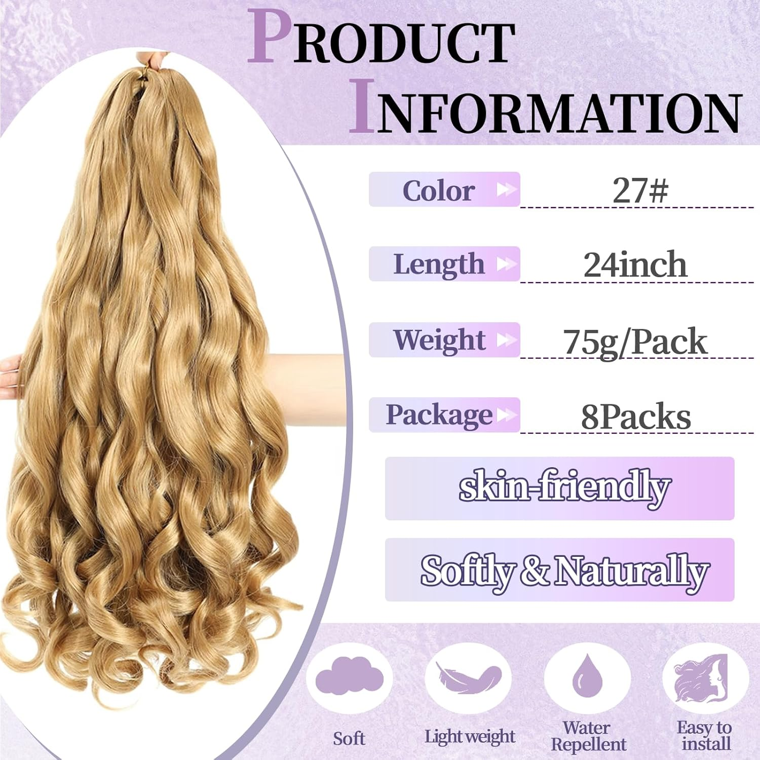 Locescsoc 24 Inch French Curls Braiding Hair 8 Packs Spanish Curly Braids Pre Stretched Loose Wave Soft French Curl Synthetic Braiding Hair Extensions for Women (27#, 24 Inch (Pack of 8))