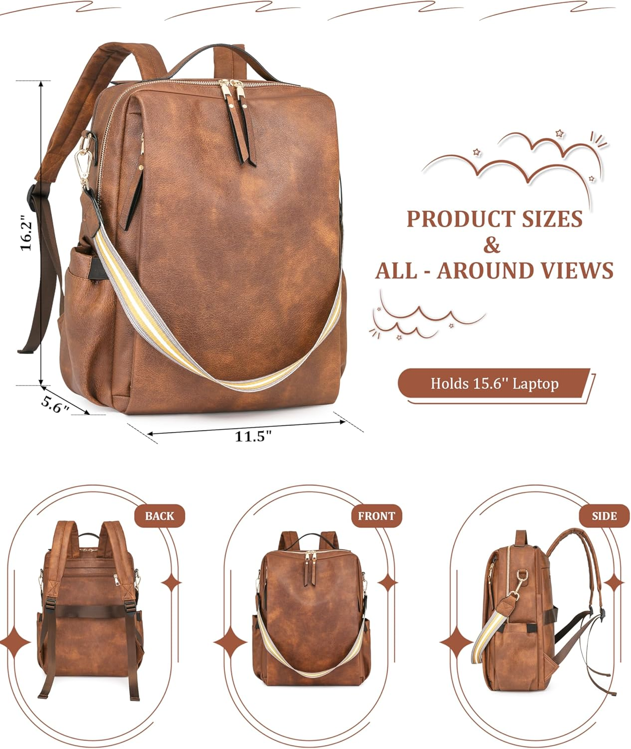Dora & Liz Laptop Backpack for Women, Leather Travel Backpack with 15.6 Inch Laptop Compartment, College Work Computer Bag - Caramel image number 5