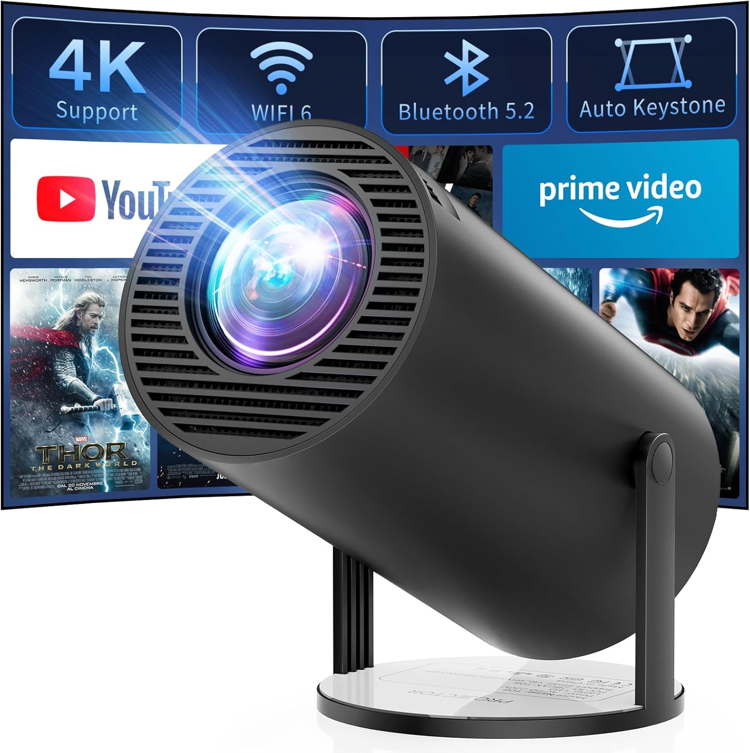 CLOKOWE Portable 4K Mini Projector with Wifi and Bluetooth - 【Built-In Apps & Auto Keystone】Full HD 1080P Supported, 180&deg; Rotation Outdoor Movie Projector, Compatible with TV Stick/Smartphone/Hdmi/Usb image number 1