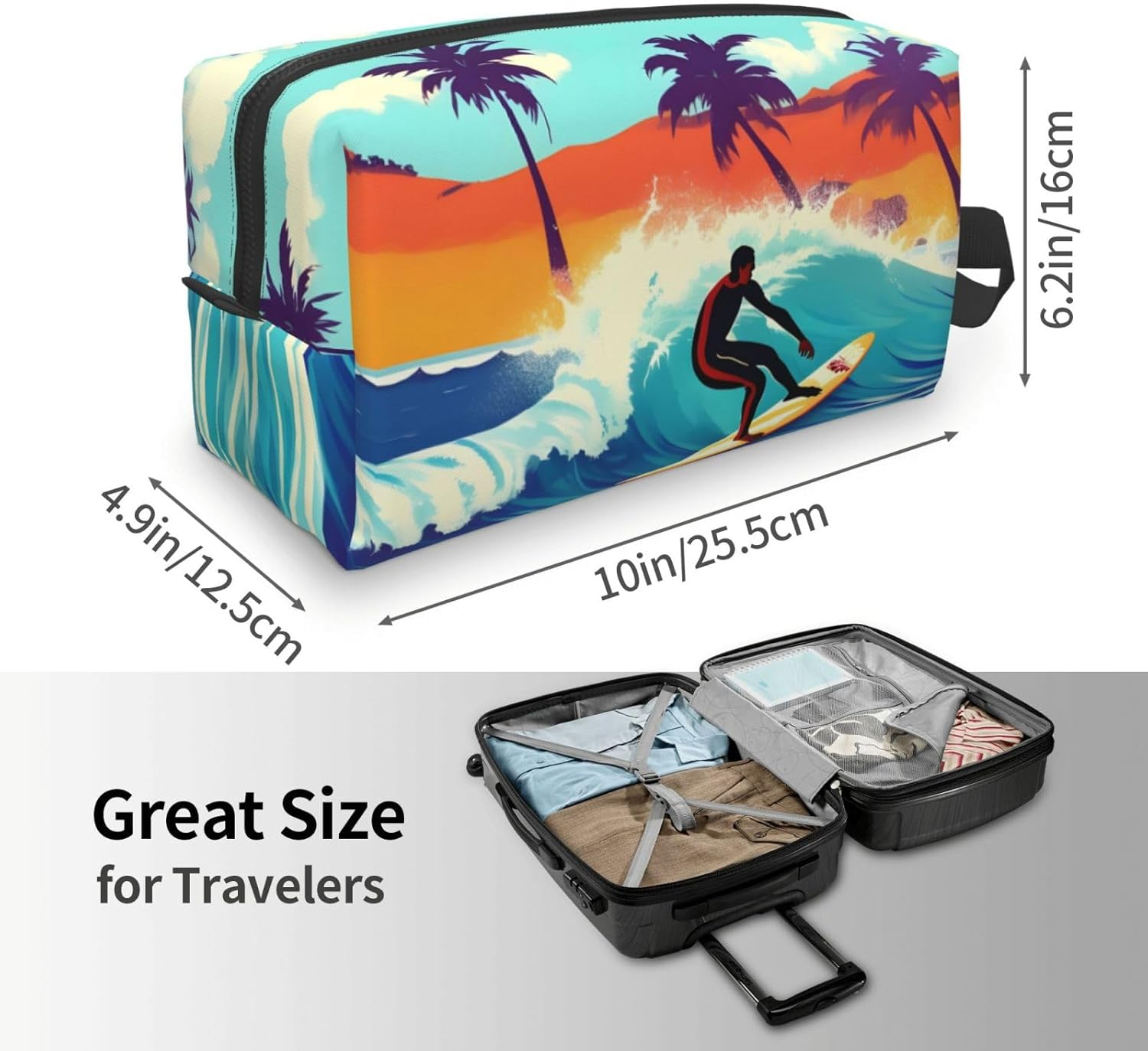 Hawaiian Surfer on Wavy Print Toiletry Bag for Men, Cosmetic Bag Spacious Capacity Travel Toiletry Bag for Women, White, One Size image number 5