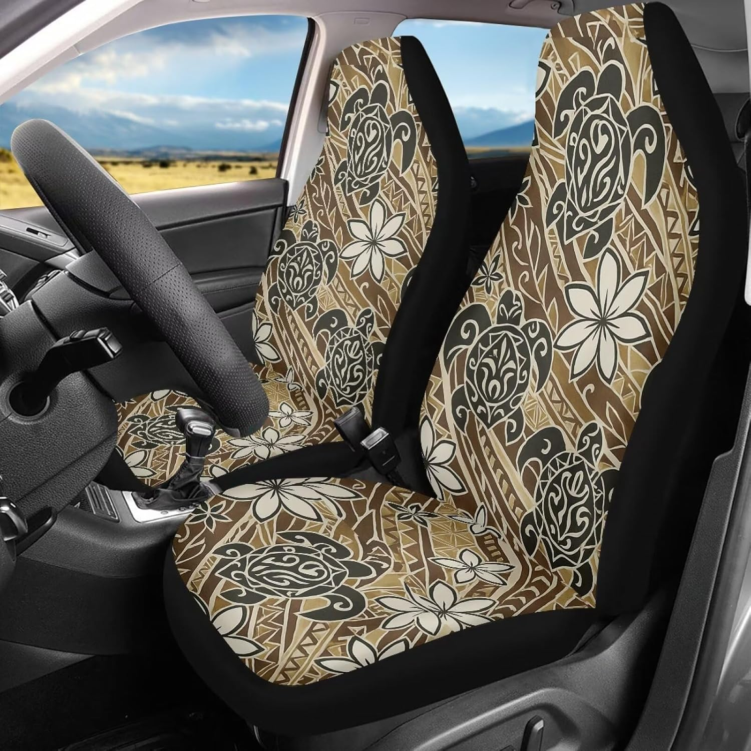 Bulopur Sea Turtle Car Front Seat Covers Full Set Polynesia Floral Auto Seat Covers Stretchable Polyester Automotive Cushion Cover Soft Breathable Auto Interior Decorations image number 5