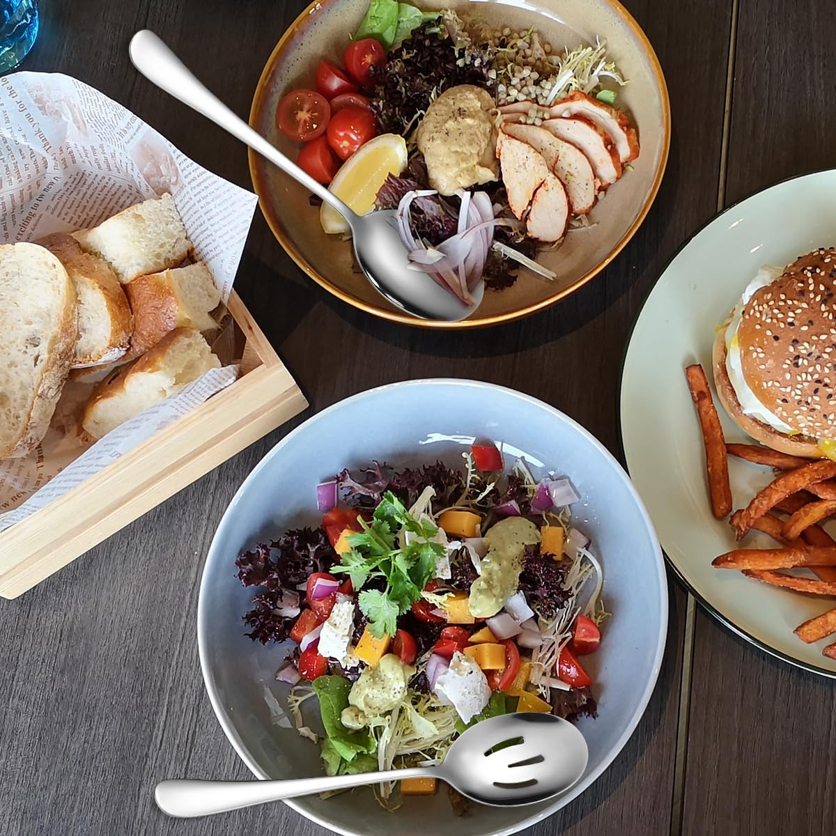 Tiokin Serving Spoons, 4 Pieces 22 Cm Large Spoon Set, Incudes 2 Serving Spoons, 2 Slotted Spoons, Metal Serving Utensils, Stainless Steel Serving Utensils for Party, Banquet, Kitchen, Dishwasher Safe image number 2