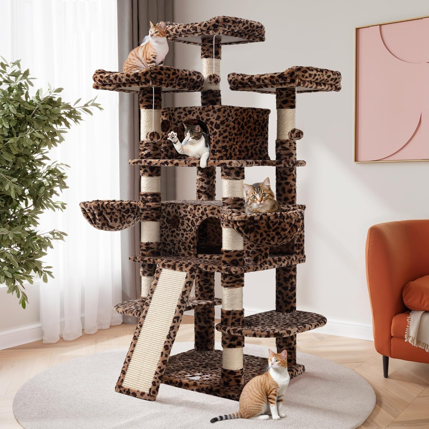 SHA CERLIN 68 Inches Multi-Level Large Cat Tree for Large Kitties/Big Cat Tower with Condo/Cozy Plush &zwnj;Pussycat Perches/Sisal Scratching Posts and Hammocks/Activity Center/Pink
