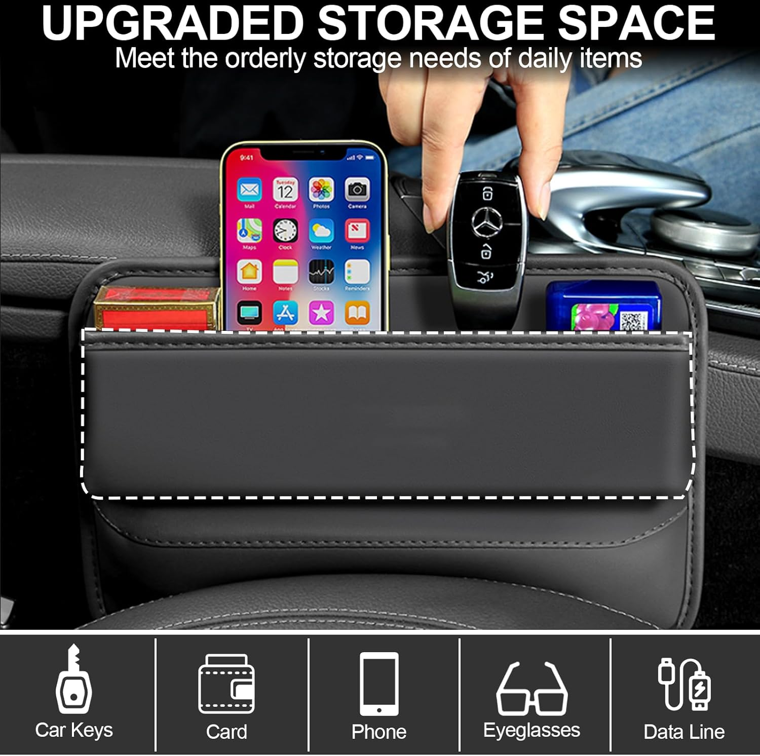 Car Seat Gap Filler, 2 Pack Multifunctional Car Seat Organizer, Leather Console Side Storage Box with Cup Holders, Universal Car Front Seats Crevice Holder for Phone, Wallet, Cards, Keys (Style 1) image number 1