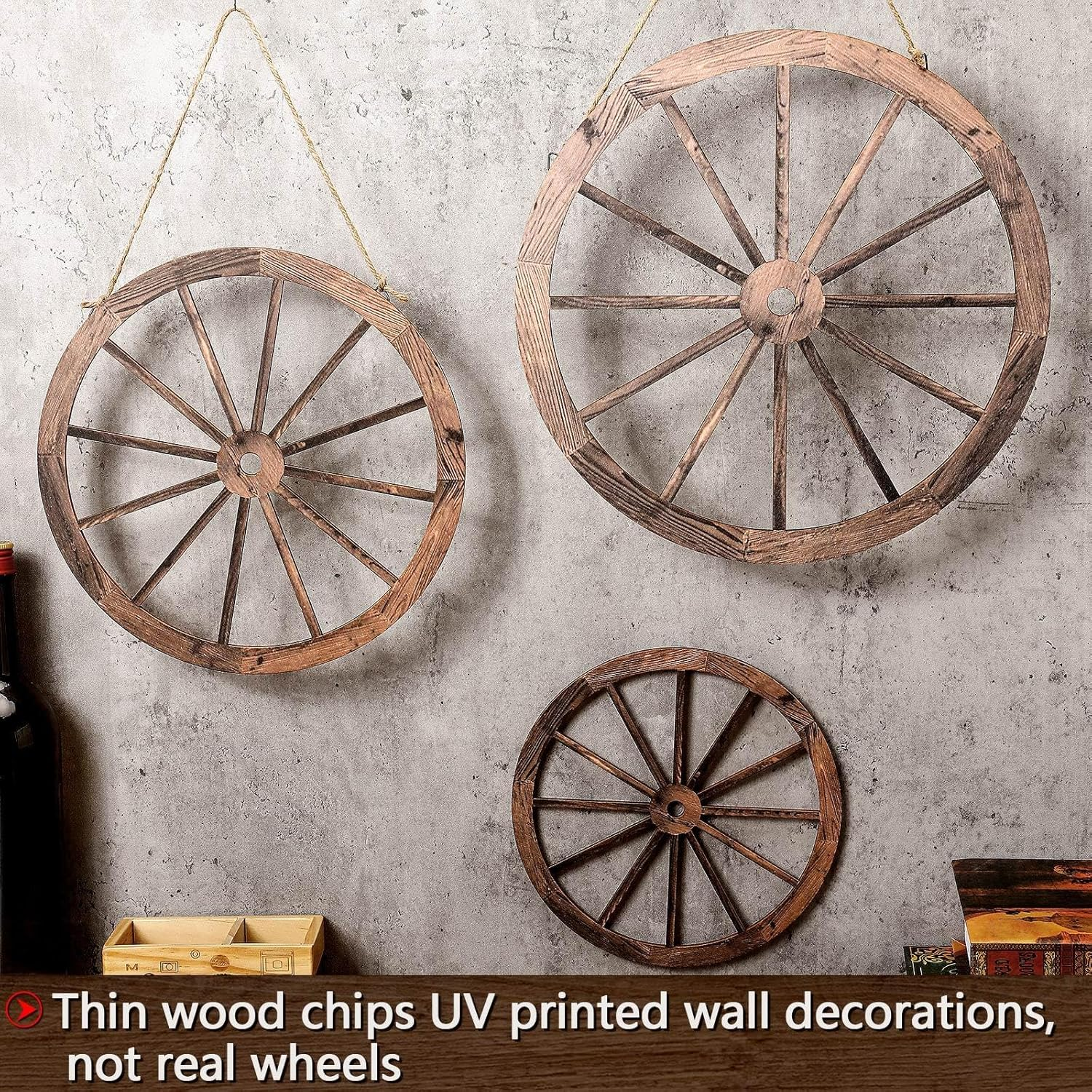 Qunclay 3 Pcs Wooden Wagon Wheel Decor 12/10/8 Inch Old Western Wall Decor Farmhouse Wagon Wheels Rustic Yard Hanging Decorative Art for Garden Home Bar Garage(Dark Brown) image number 1